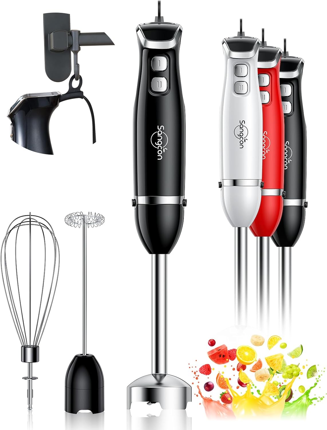 Sangcon Immersion Blender Handheld, 3-in-1 Hand Blender Electric, 400W Handheld Licuadora de mano, Stainless Steel Blade Stick Mixer with Whisk, Milk Frother Attachments – Black
