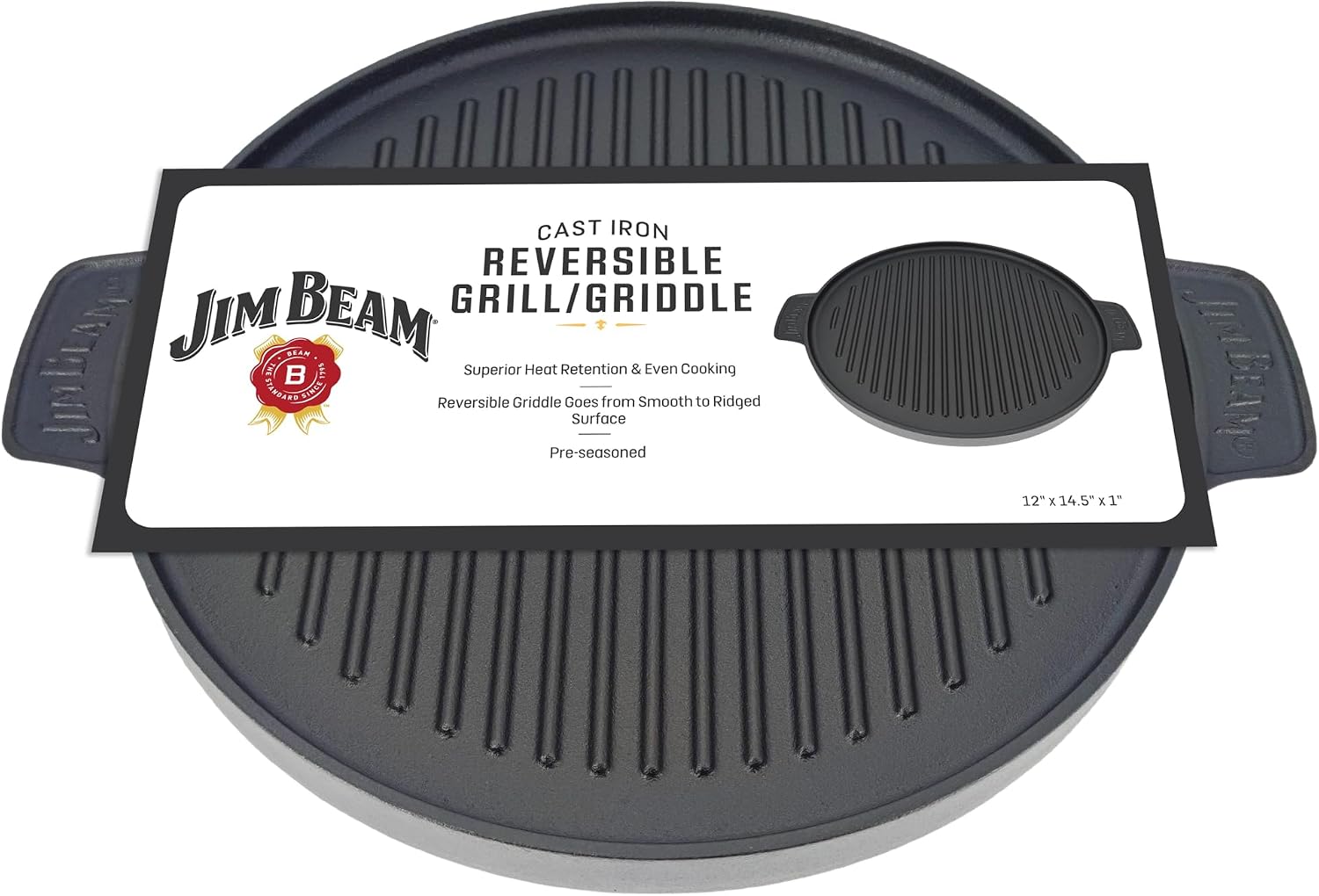 Cast Iron Reversible Grill and Griddle, Round Double-Sided Cookware with Ridged and Smooth Surfaces, Pre-Seasoned for Stovetop and Outdoor Cooking- 12″x14.5″x 1″