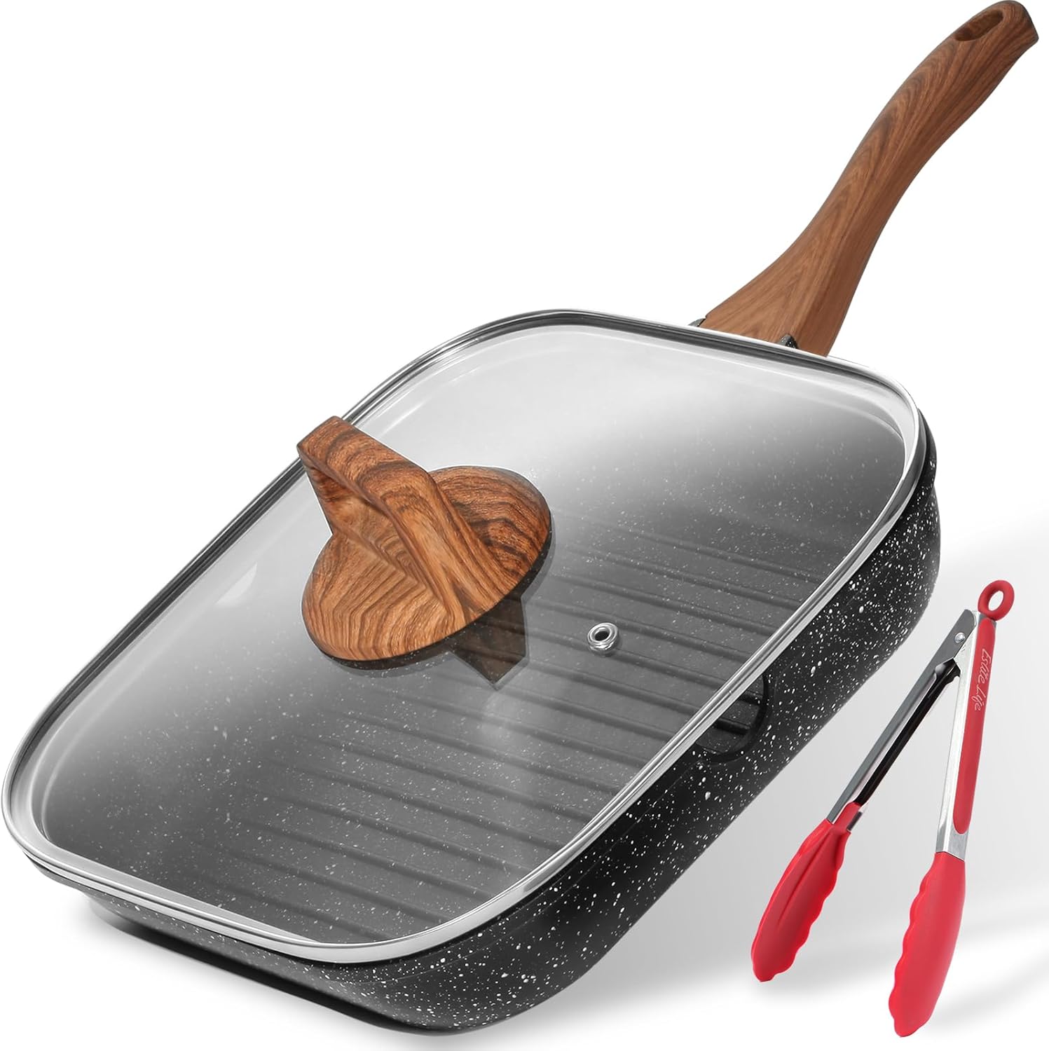 ESLITE LIFE Nonstick Grill Pan with Lid & Tongs for Stove Tops, 9.5 Inch Versatile Square Big Grilling Skillet Steak Pan with Pour Spouts for Indoor & Outdoor Cooking, PTFE & PFOA Free, Black