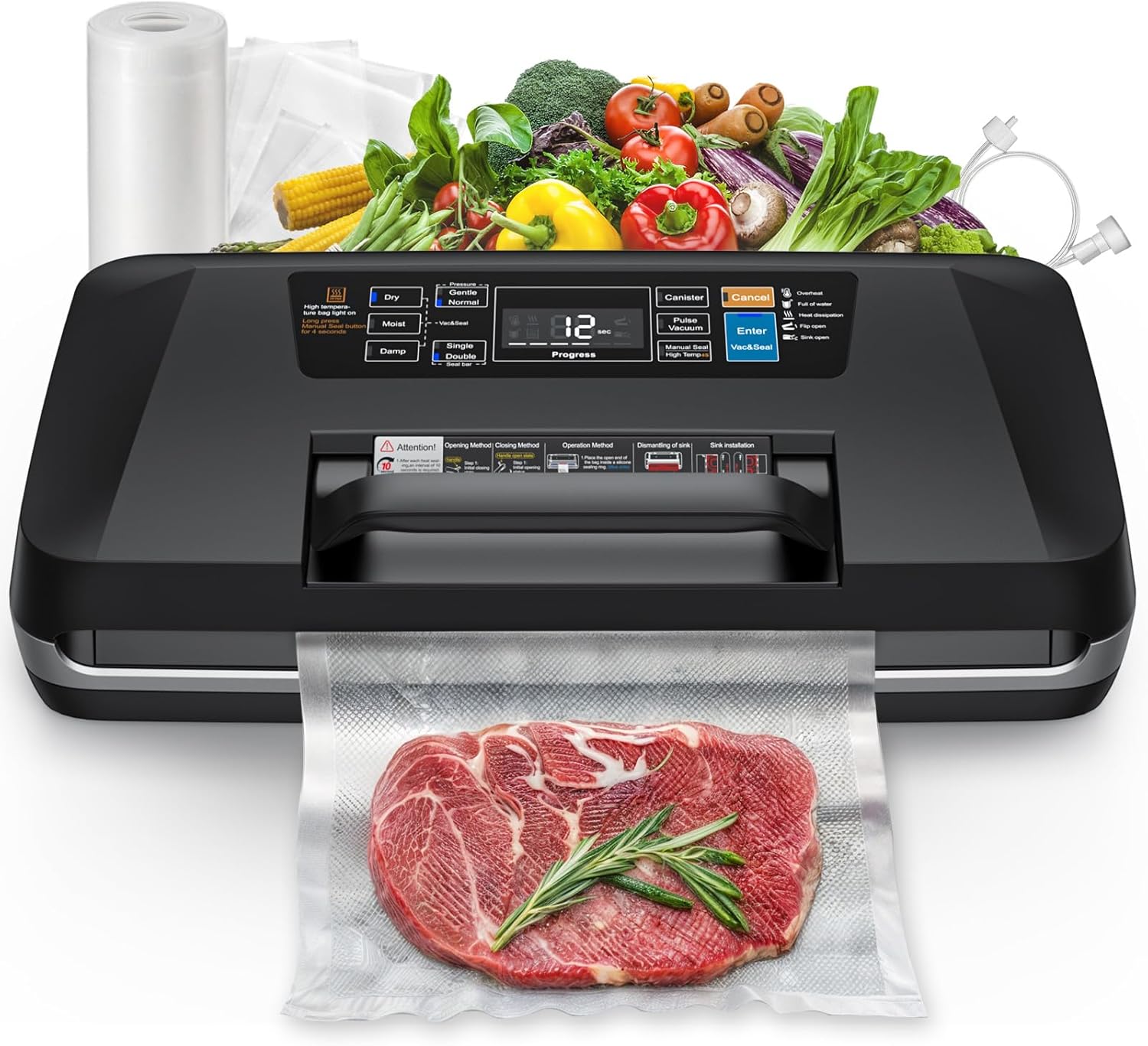 Vacuum Sealer Machine, Upgraded 230W 95KPa 10-in-1 Food Sealer with Double Heat Seal for Dry Moist Food, Easy-Lock Handle, Hose, Built-in Cutter and Bag Storage + Bags (1 Roll + 10 Pre-cut)
