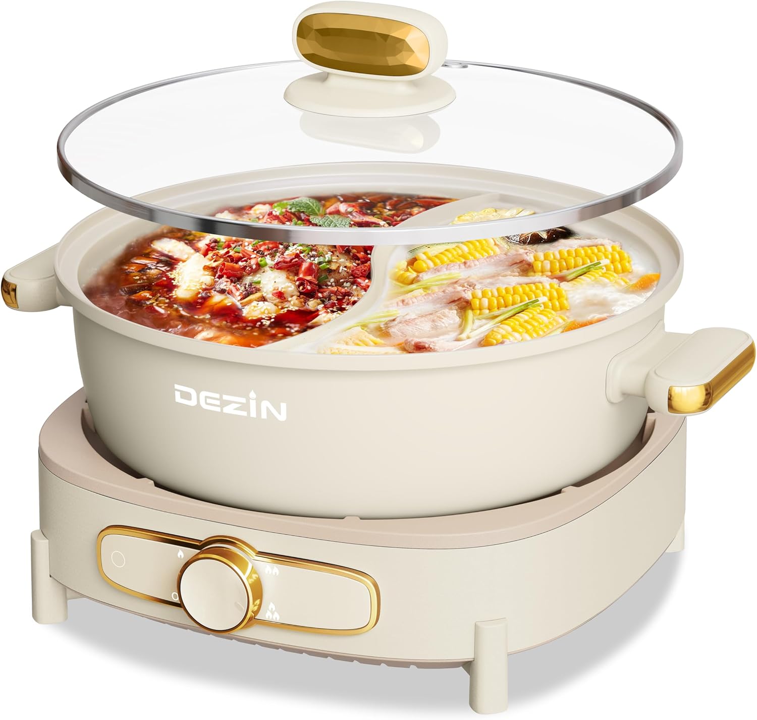 Dezin Hot Pot Electric with Divider, 6L Double-Flavor Shabu Shabu Pot, Dual Sided Removable Non-Stick Hotpot Pot Electric, 3″ Depth Chinese Hot Pot with Multi-Power Control, Silicone Ladles Included