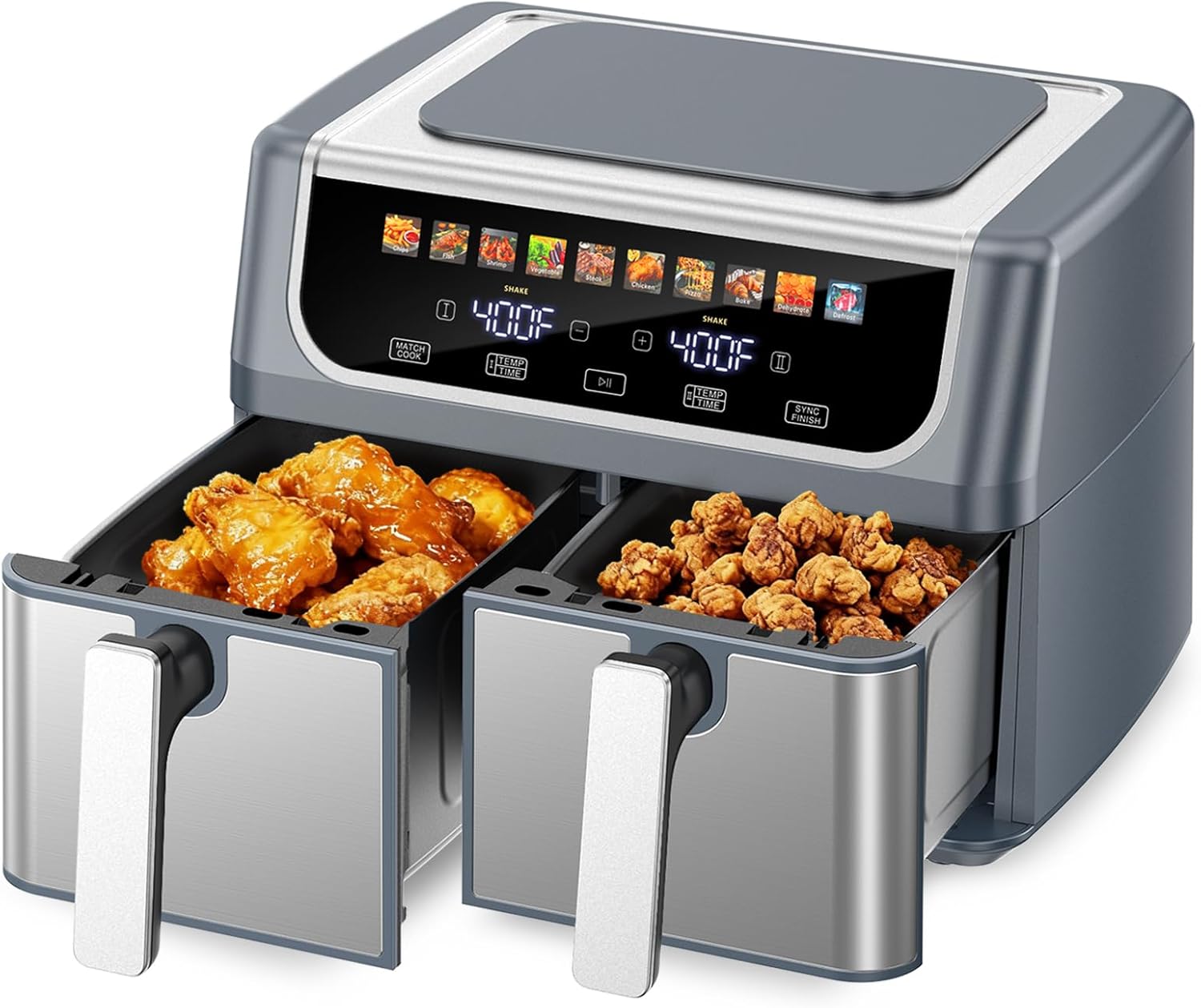 DUMOS 10-in-1 Air Fryer 9.5 QT, Large Airfryer with with 2 Independent Frying Baskets, Sync Finish & Match Cook, Shake Reminder, Wide Temperature 80-450°F, Roast Bake Defrost Dehydrate, Grey