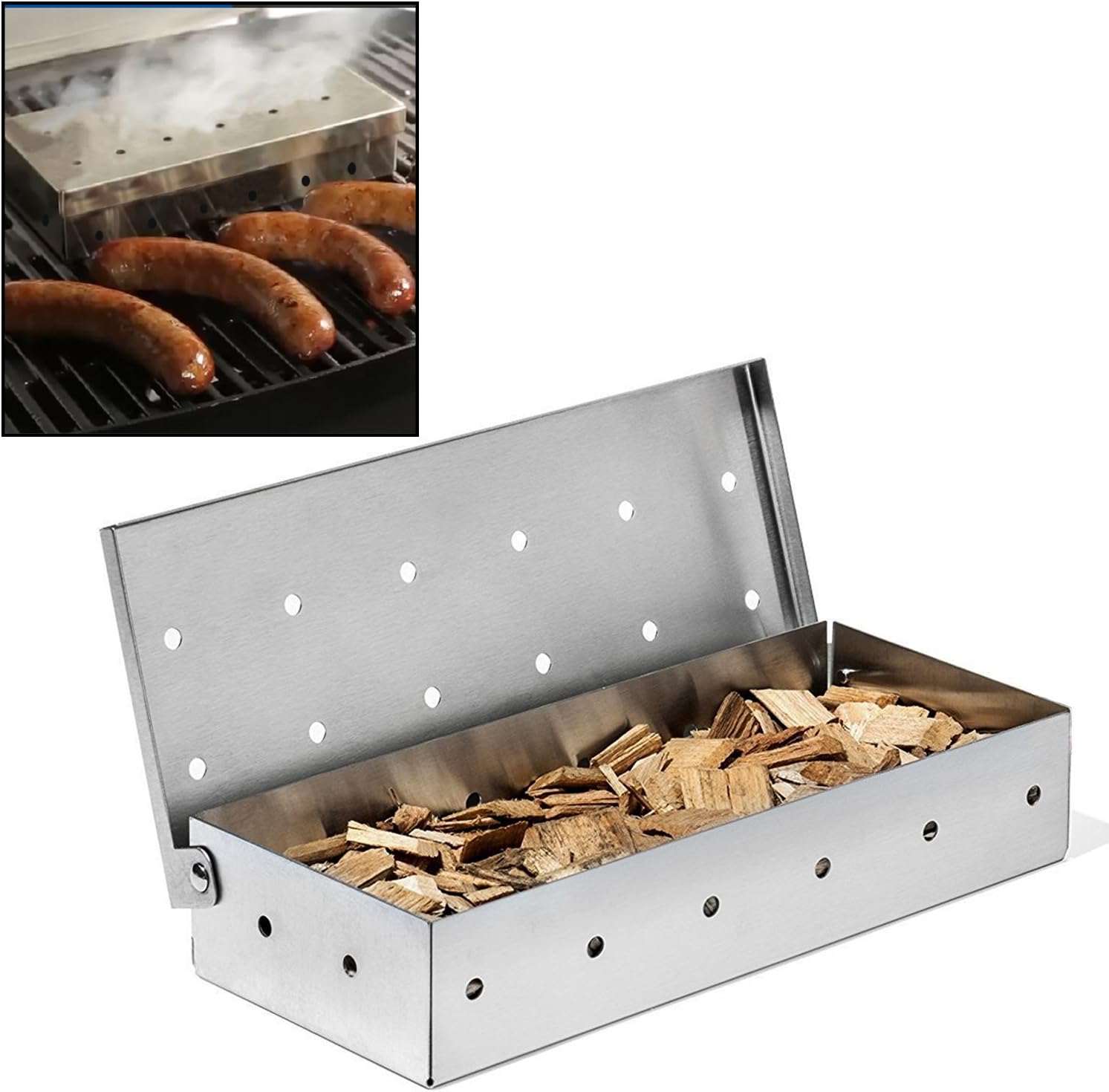 KEISSCO Stainless Steel Smoker Box for Gas Grill & Charcoal Grill, Large Wood Chip Smoker Box for Smoking Meat, Add Delicious Smoked Flavor, Warp Free Grilling Accessories for BBQ Lovers