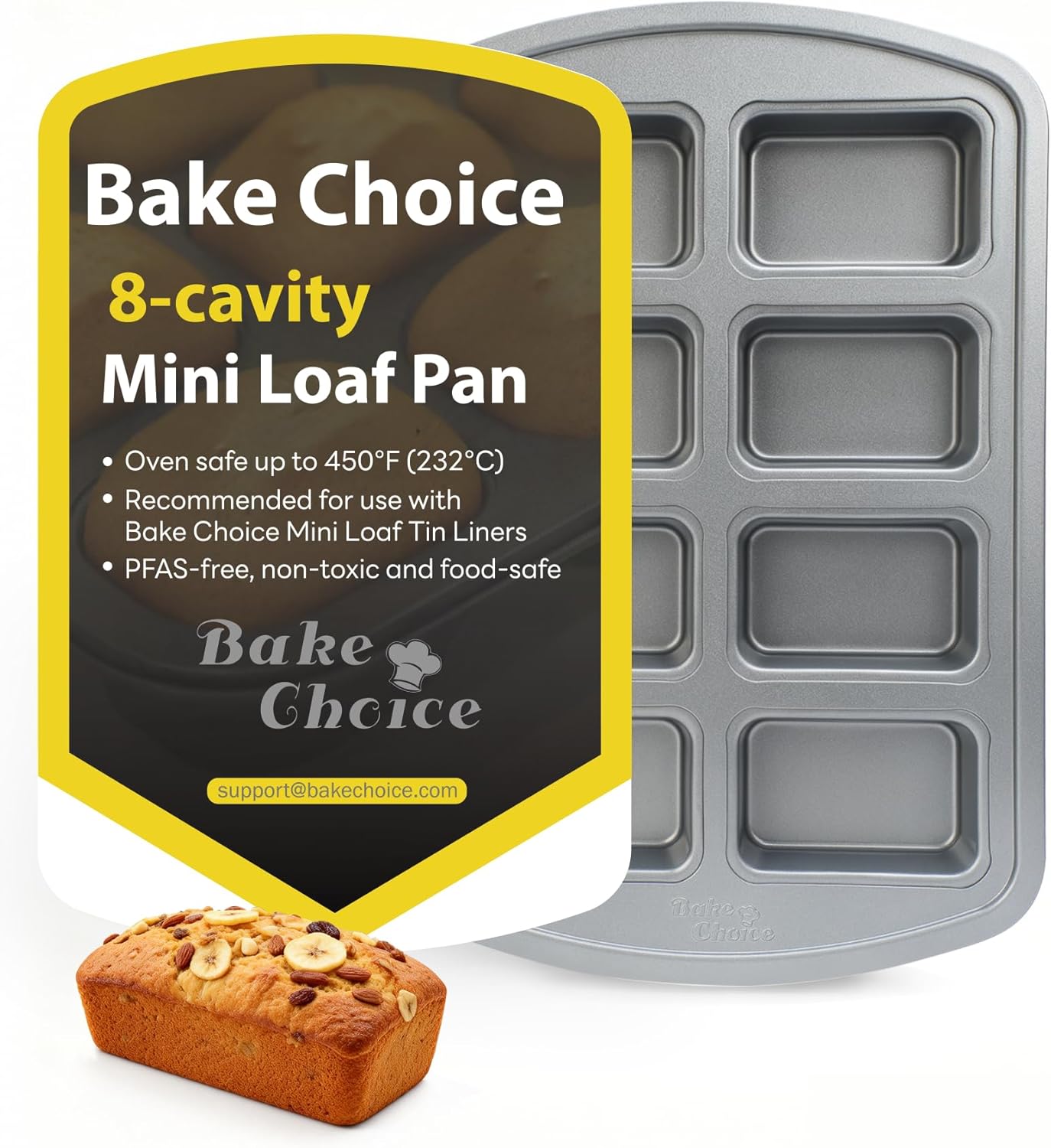 Bake Choice Mini Loaf Pan, 8-Cavity Non-Stick Carbon Steel Baking Pans Set for Banana Bread, Cornbread, Cheesecake, Muffins, Pound Cake, Small Meatloaf, Bread Pan