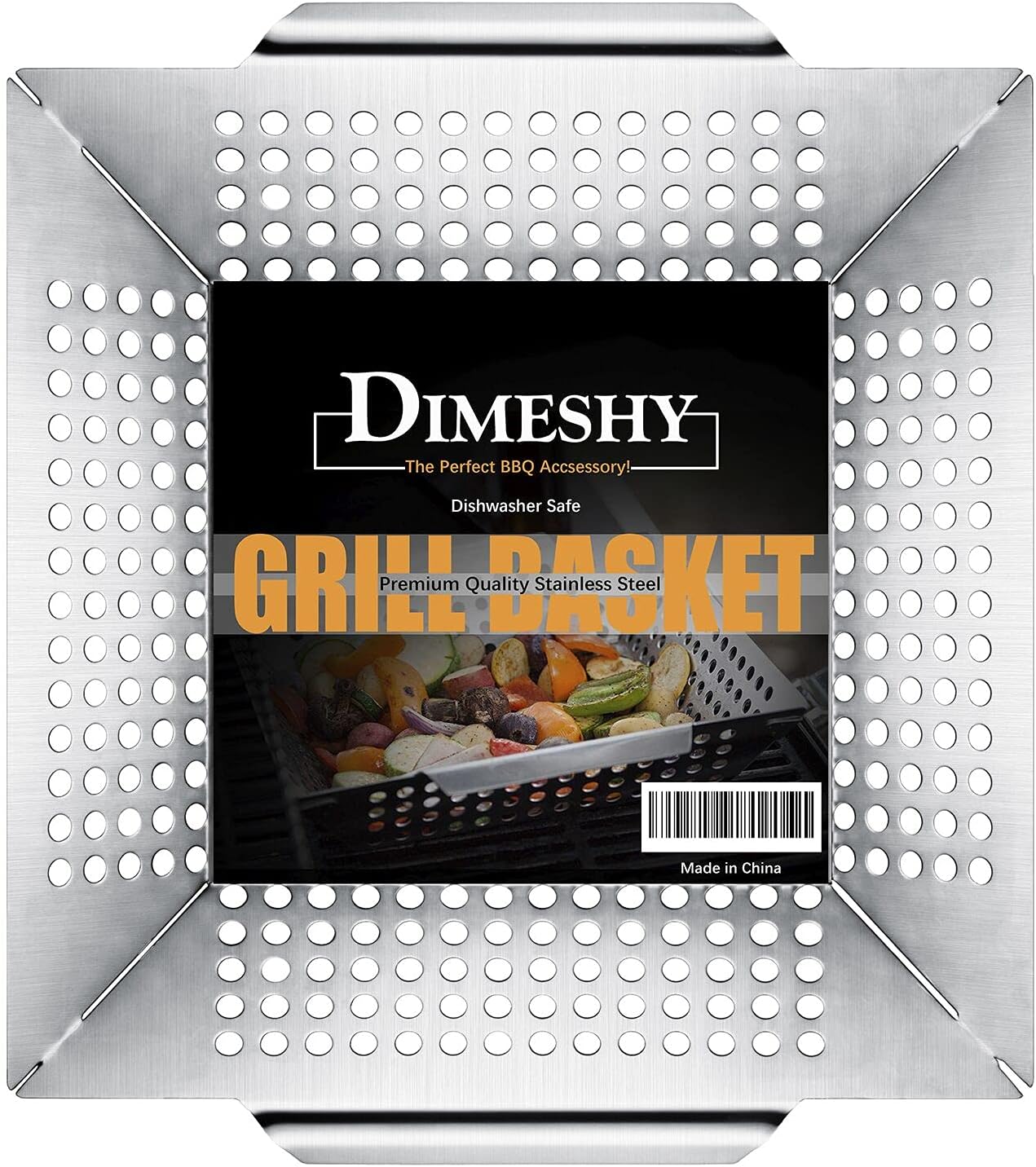 Stainless Steel Grill Basket, Large 12 Inches BBQ Accessories for Vegetable, Shrimps, Kabobs,Work for All Grill by DIMESHY