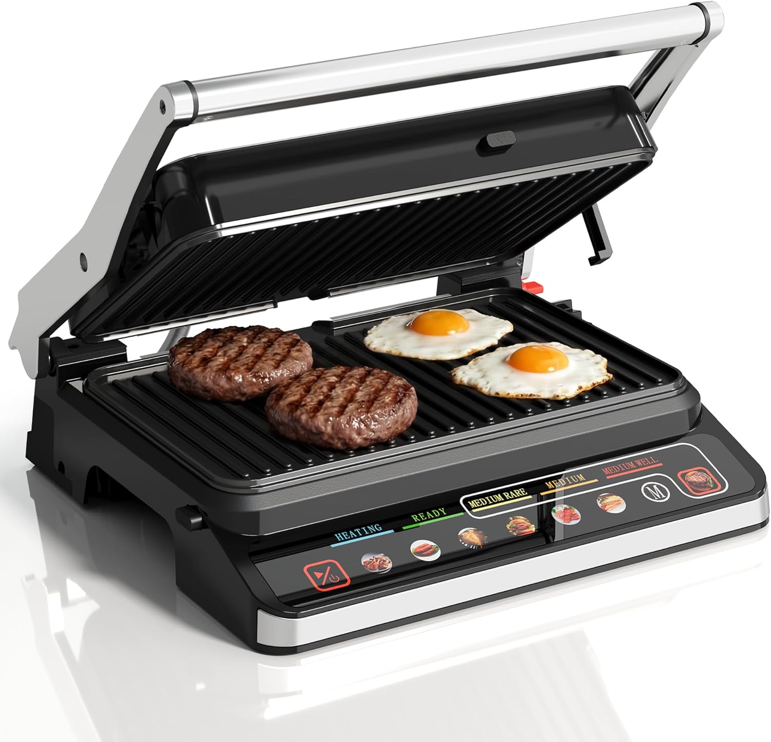 SUNVIVI 3-in-1 Electric Grill Indoor, Panini Press & Sandwich Maker with Removable Plates, 1600W, 8 Cooking Modes, 180° Flat Opening, Adjustable Temp, Ceramic Nonstick Dishwasher Safe, Stainless Steel