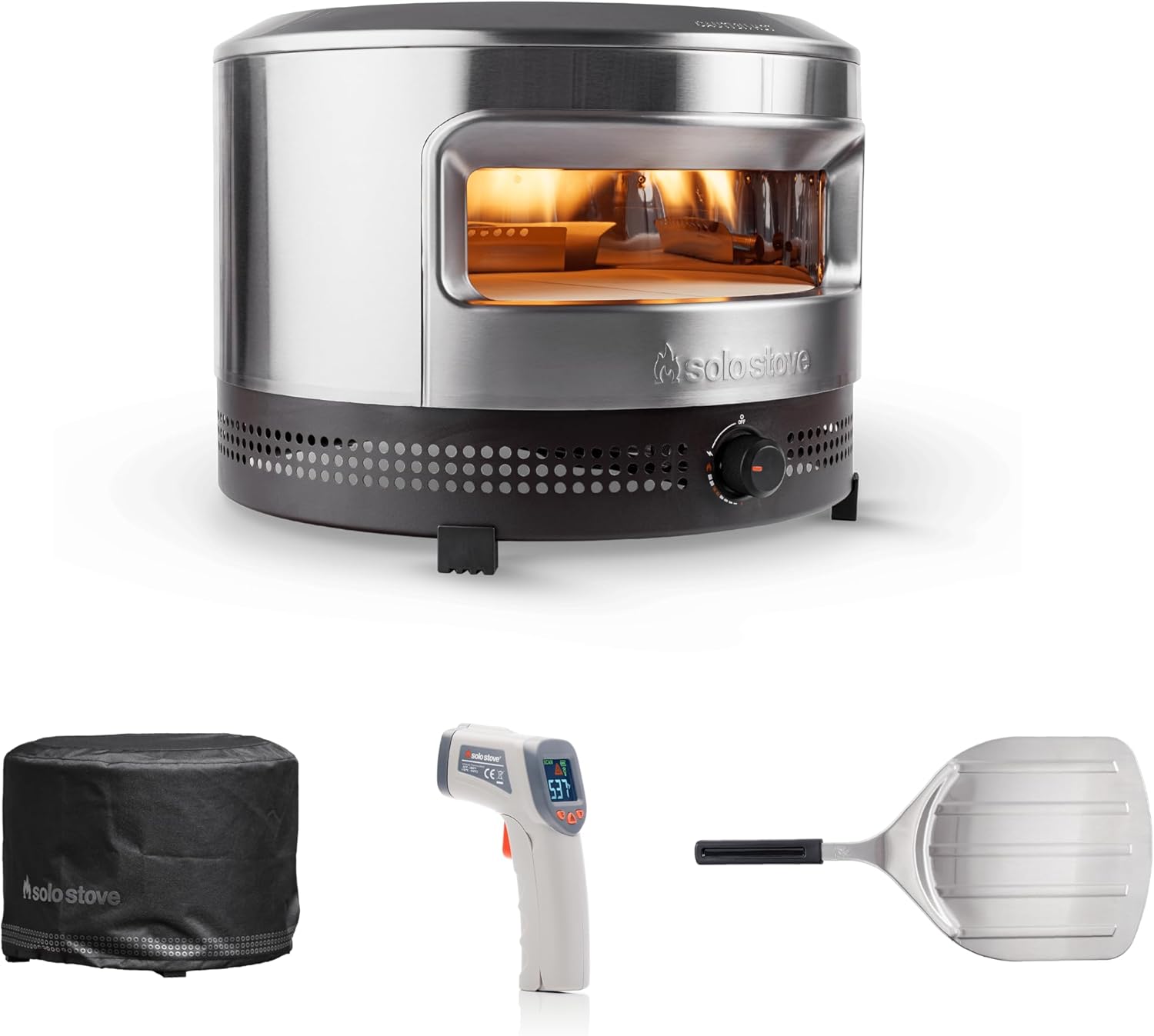 Solo Stove Pi Prime 21″ x 16″ Stainless Steel Propane Outdoor Pizza Oven Bundle with IR Thermometer, Stainless Peel & Shelter – 12″ Panoramic Opening, Demi-Dome Heating, 90-Second Artisan Pizzas