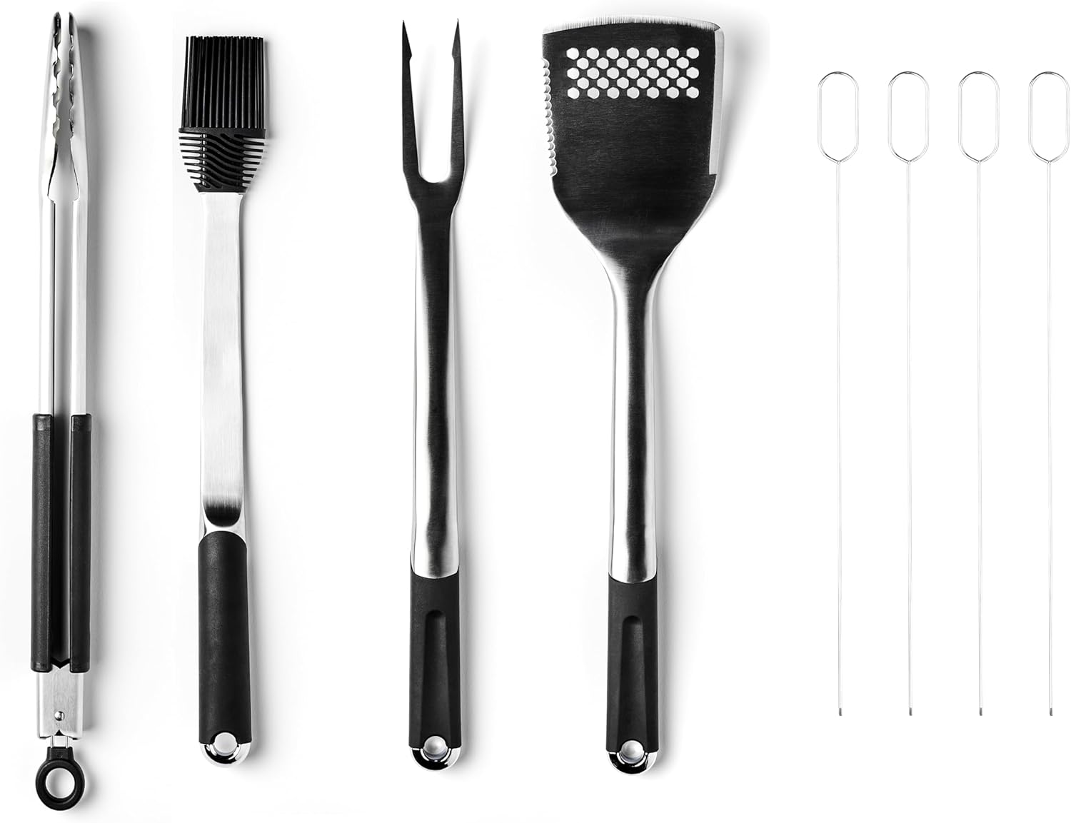 HexClad 8-Piece BBQ Grill Tool Set with 18″ Grill Spatula, 18″ Locking Tongs, 17″ Silicone Basting Brush, 18″ Grill Fork, and Four 15″ Flat Skewers, Heat-Resistant, Soft-Grip, Non-Slip Handles