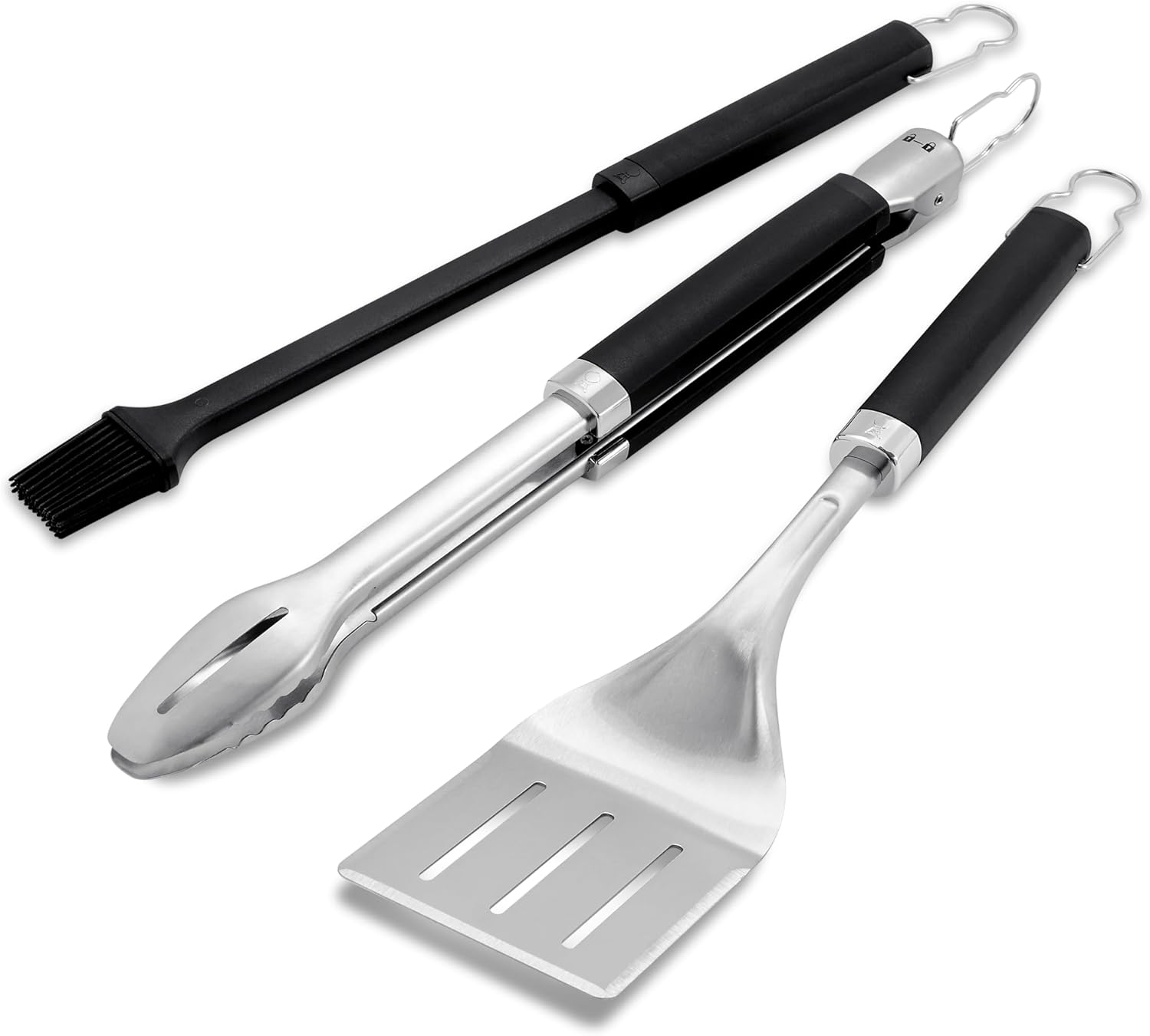 Weber Precision 3‑Piece Grilling Tool Set – Stainless Steel Tongs, Spatula & Silicone Basting Brush with Non‑Slip Handles and Hands‑Free Locking – Grill Accessory Kit