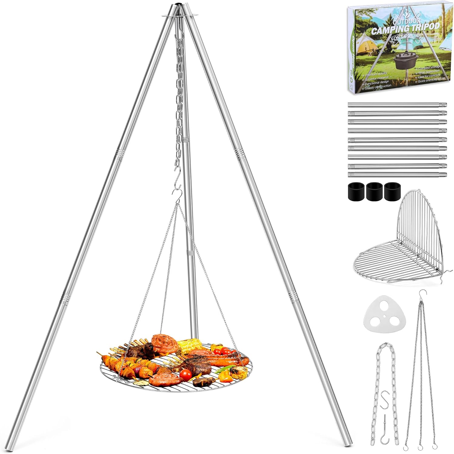 Joyfair Campfire Camping Tripod Grill Grate(17” Dia.), Heavy Duty Stainless Steel Openfire Tripod with Over Firepit Rack Camp Equipment, Adjustable Height Stand for Outdoor BBQ Cooking Grilling