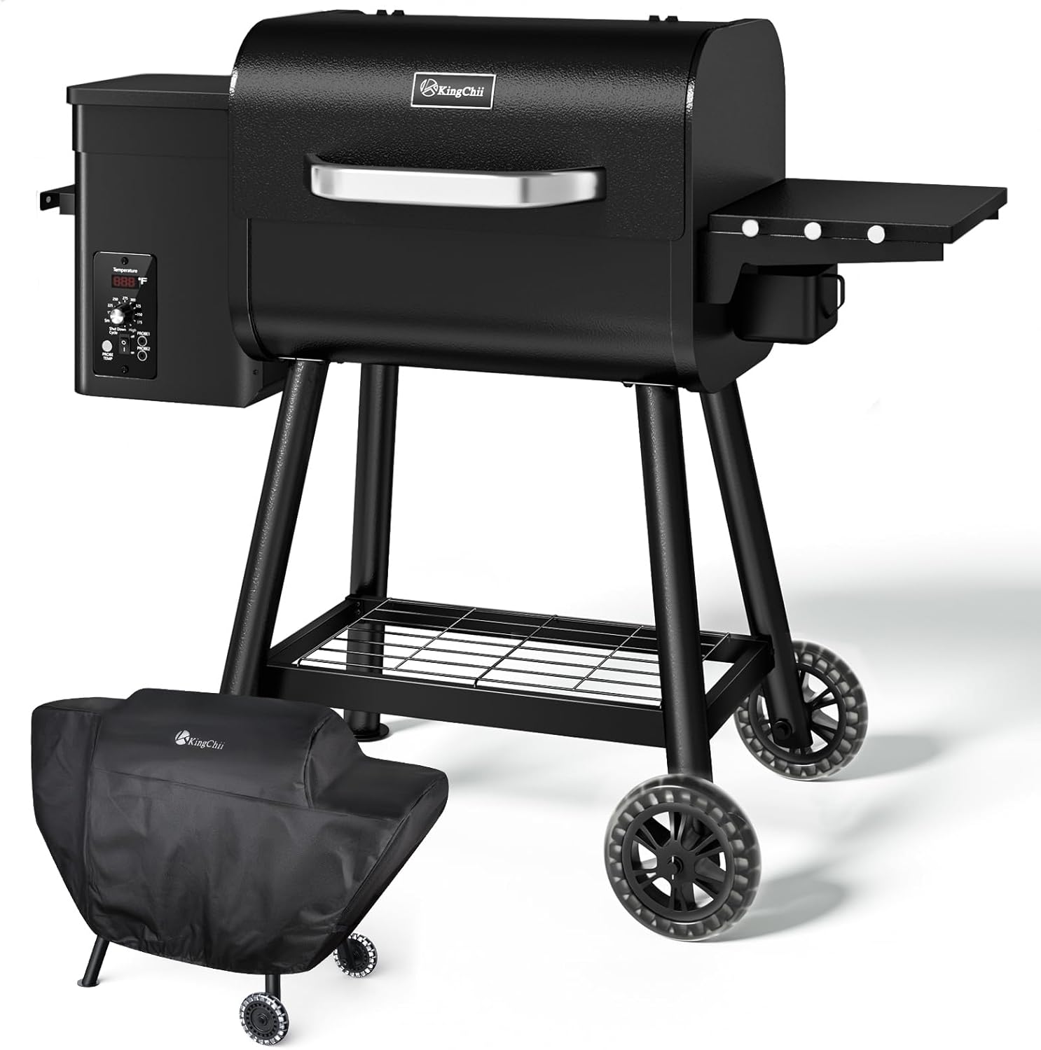 KingChii Electric Wood Pellet Grill & Smoker with Side Shelf, 456 SQ.IN Grill Capacity, 18LB Hopper, with PID Temperature Control (180-425°F) for Backyard Camping Bake and Roast, Black with Cover