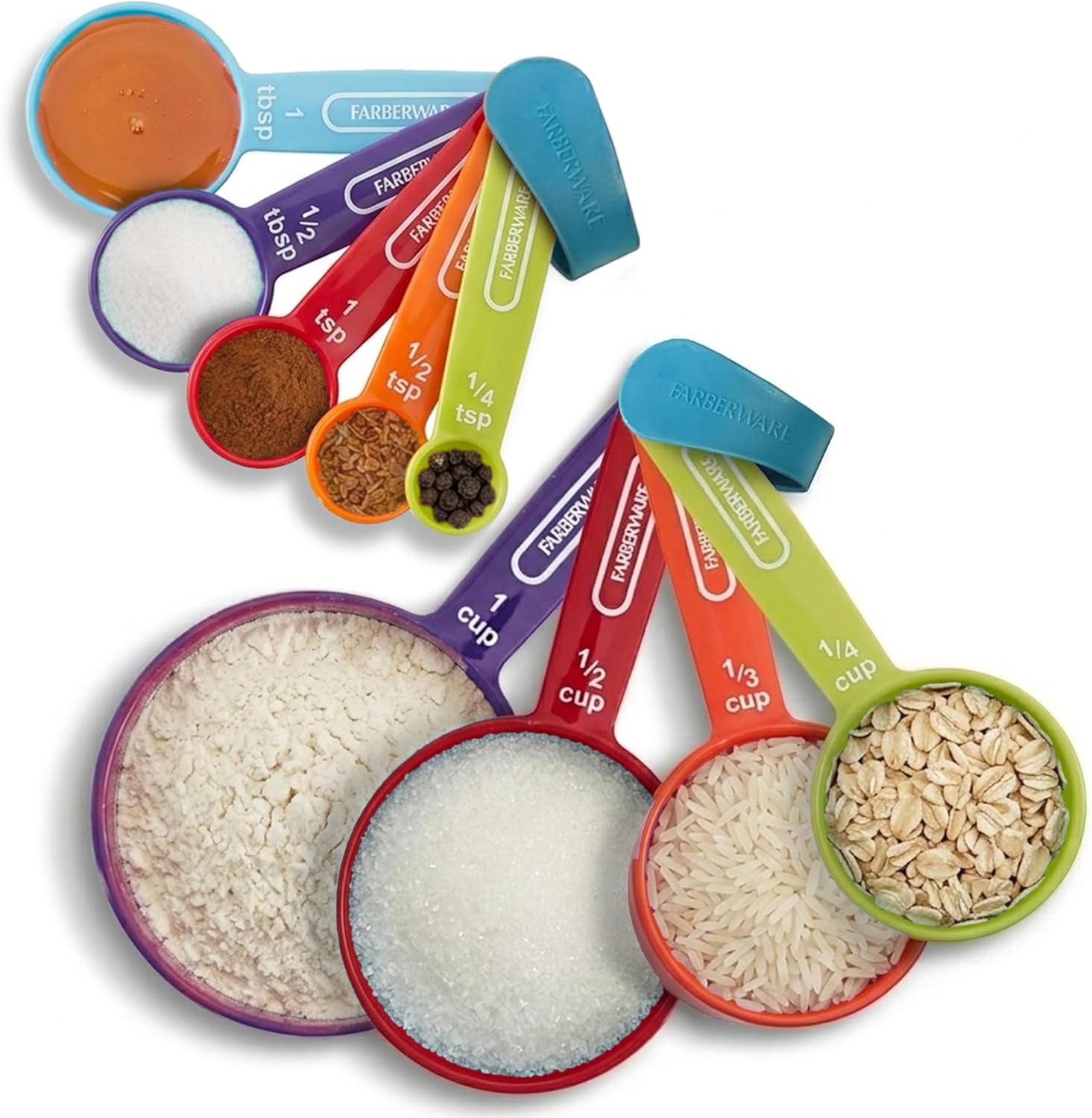 Farberware Kitchen Basics Measuring Cup & Spoon Set – 9-Piece Colorful Nesting Stackable Cups & Spoons with Ring Organizer, Easy-Read Markings for Cooking & Baking, Durable Plastic Kitchen Tools