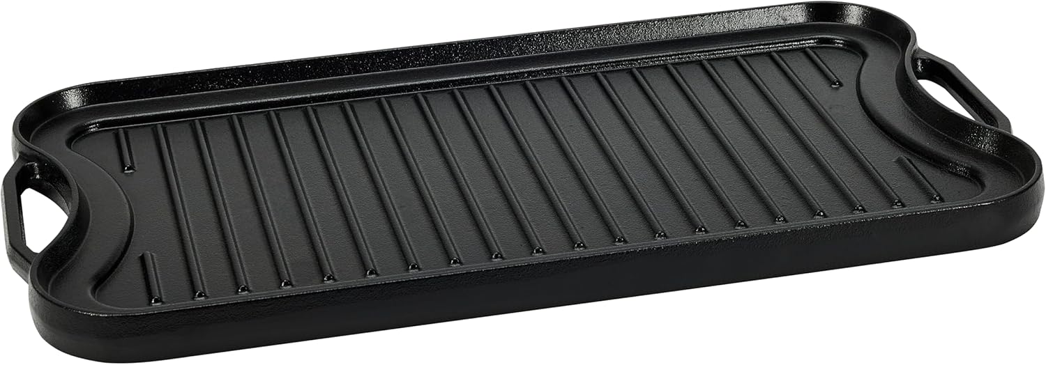 Amazon Basics Pre-Seasoned Cast Iron Reversible Rectangular Grill/Griddle with Even Heat Distribution, Black, 20 x 10.63 x 0.98 inch
