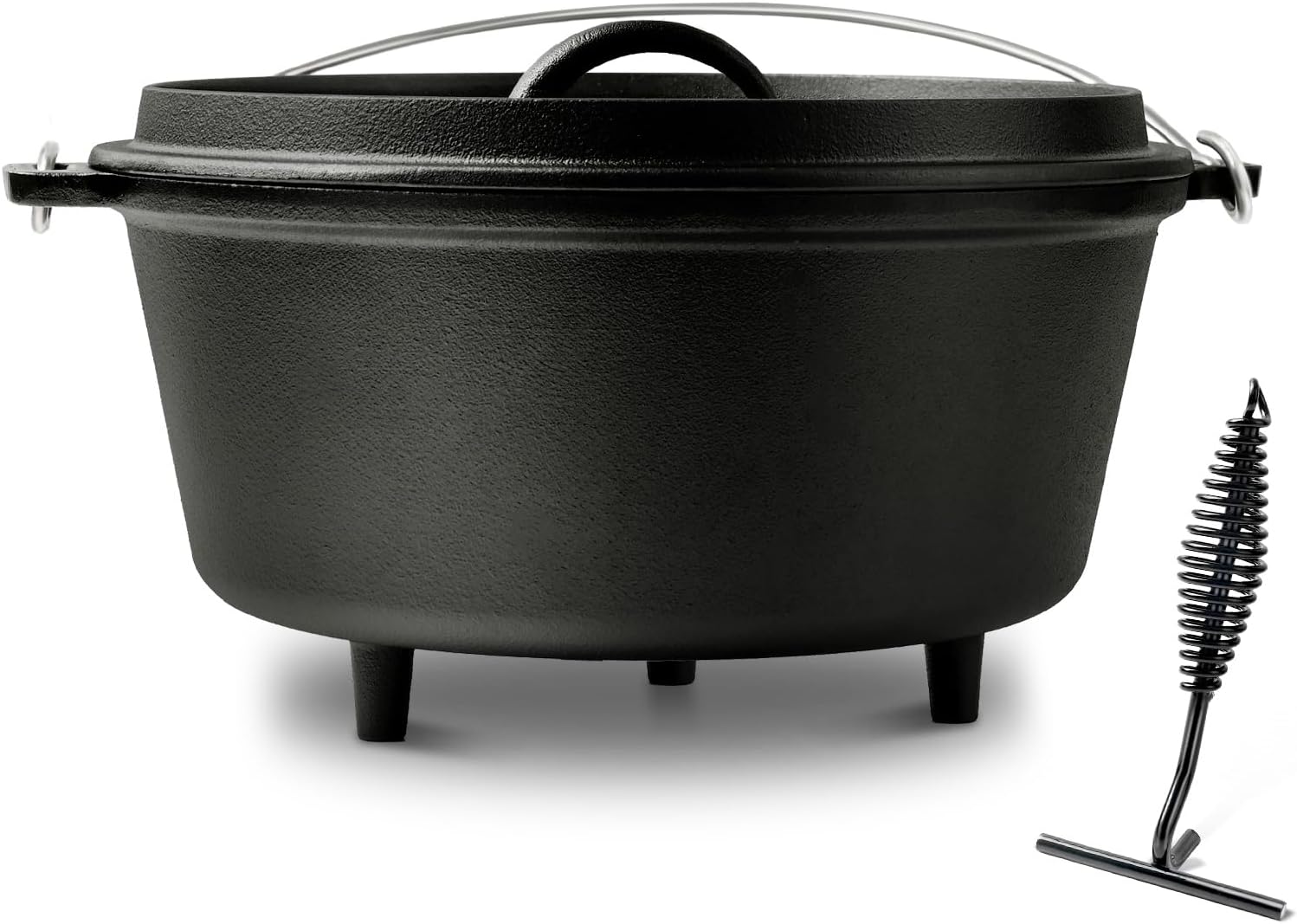 Pre-Seasoned Cast Iron 8QT Camp Dutch Oven with Lid, Large Camping Dutch Oven Pot, incl. Lid Lifter – Dual Handles – for Outdoor Campfire, Grill, Oven & Stovetop Cooking-Black