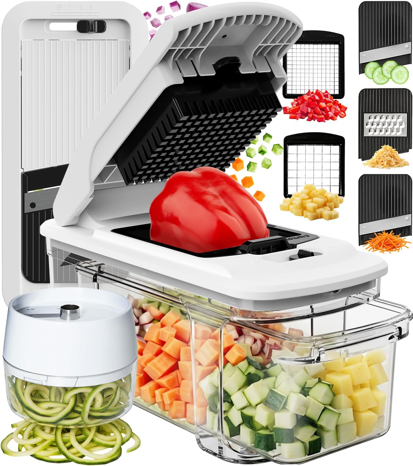 Fullstar XL Vegetable Chopper & Mandoline Slicer – Vegetable, Onion, Potato, Food, Veggie & Fruit Slicer, Dicer & Spiralizer with Pull-Out Catch Tray, Kitchen Gadgets & Gifts (6 in 1, Black/White)