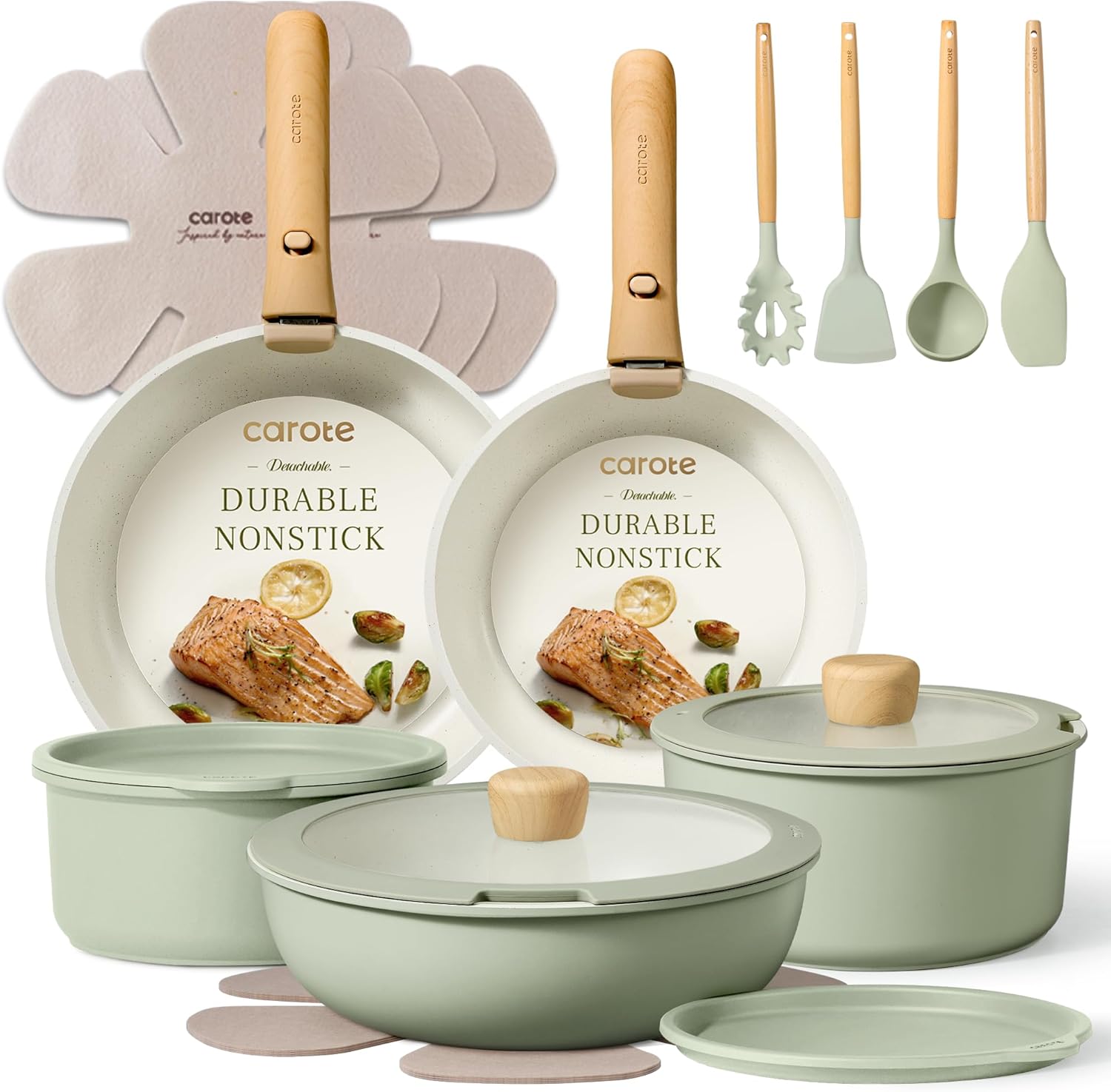 CAROTE Pots and Pans Set, Nonstick Cookware Set Detachable Handle, 19pcs Induction Kitchen Cookware Sets Non Stick with Removable Handle, RV Cookware Set, Oven Safe, Sage Green