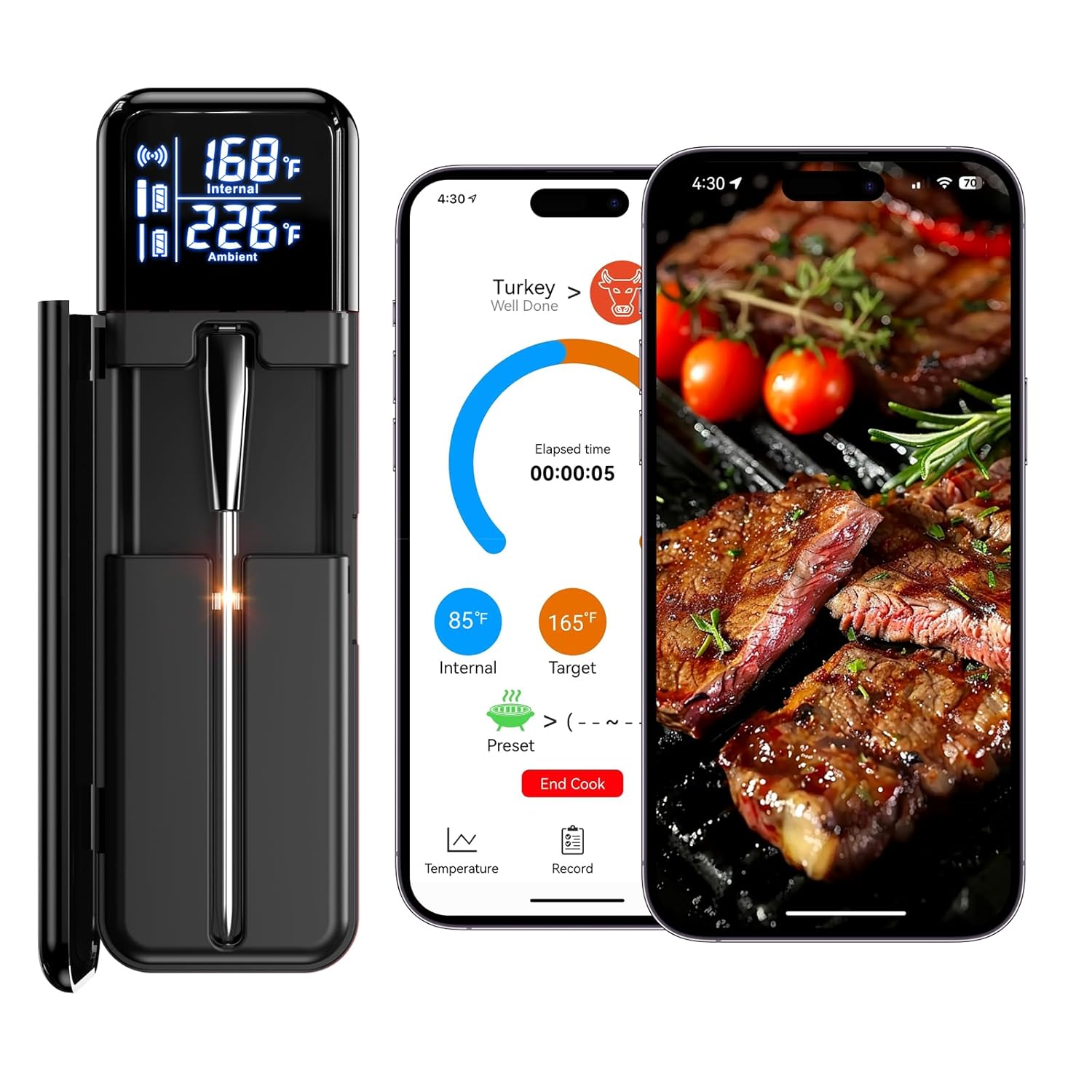 Smart Wireless Meat Thermometer, Digital Cooking Thermometer with Dual High-Accuracy Sensors, Ceramic Heat-Resistant Probe, Instant Read LCD & App Control for Kitchen,BBQ, Oven,Grill,Air Fryer, Black