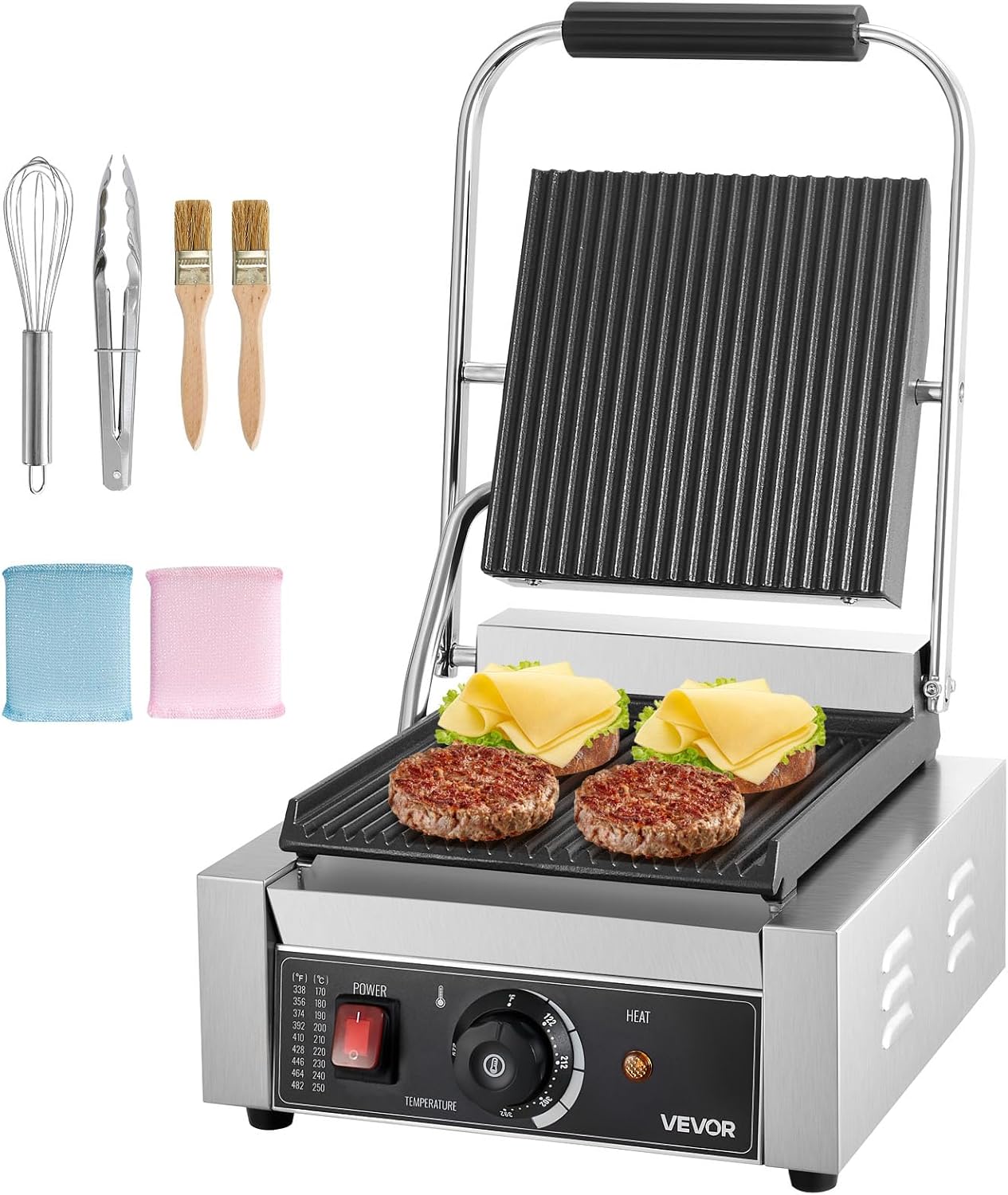 VEVOR Commercial Panini Grill, 1800W Electric Sandwich Panini Maker, Stainless Steel Sandwichs Press Grill with Handle and Temp Control, 8.8×9 in Full Grooved Enamel Plate for Hamburger Steak Bacon