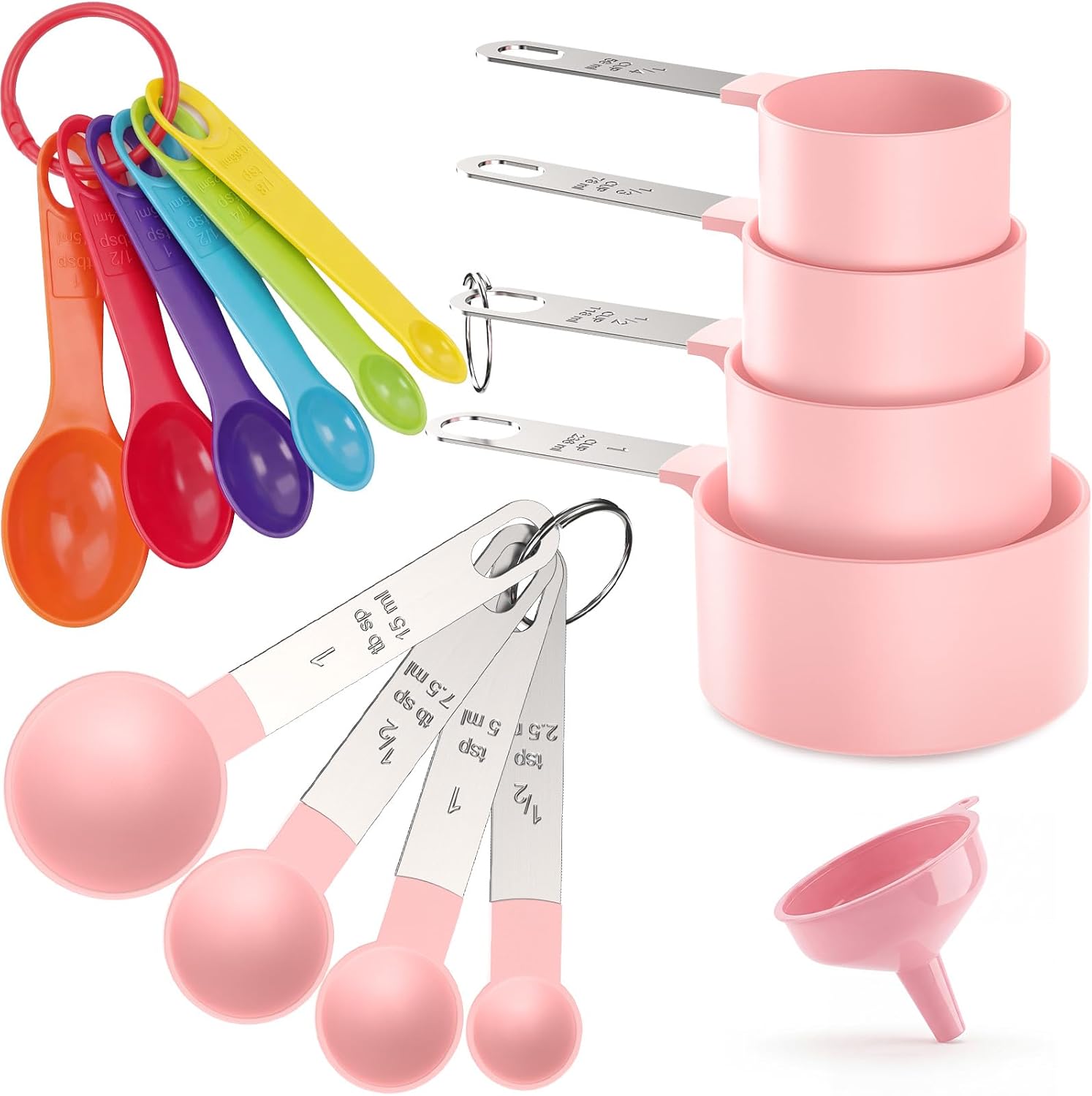 THLHKD 15 Pcs Measuring Cups and Spoons Set, Measuring Spoons Set with Stainless Steel Handles, Measure Spoon and Cup for Liquid & Dry Ingredients, Cute Pink & Colorful