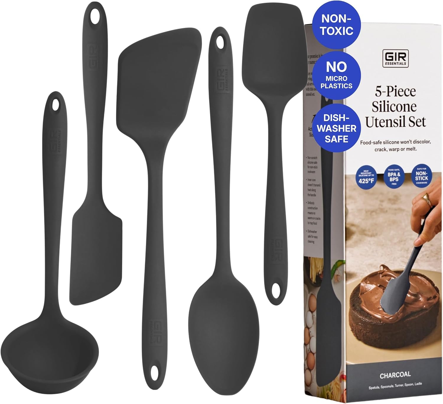 GIR 5-Piece Silicone Kitchen Utensils Set, Non-Toxic Cooking Utensils for Cooking and Baking, Heat Resistant, Food Grade, Dishwasher Safe Rubber Spatula, Ladle, Spoon – Charcoal