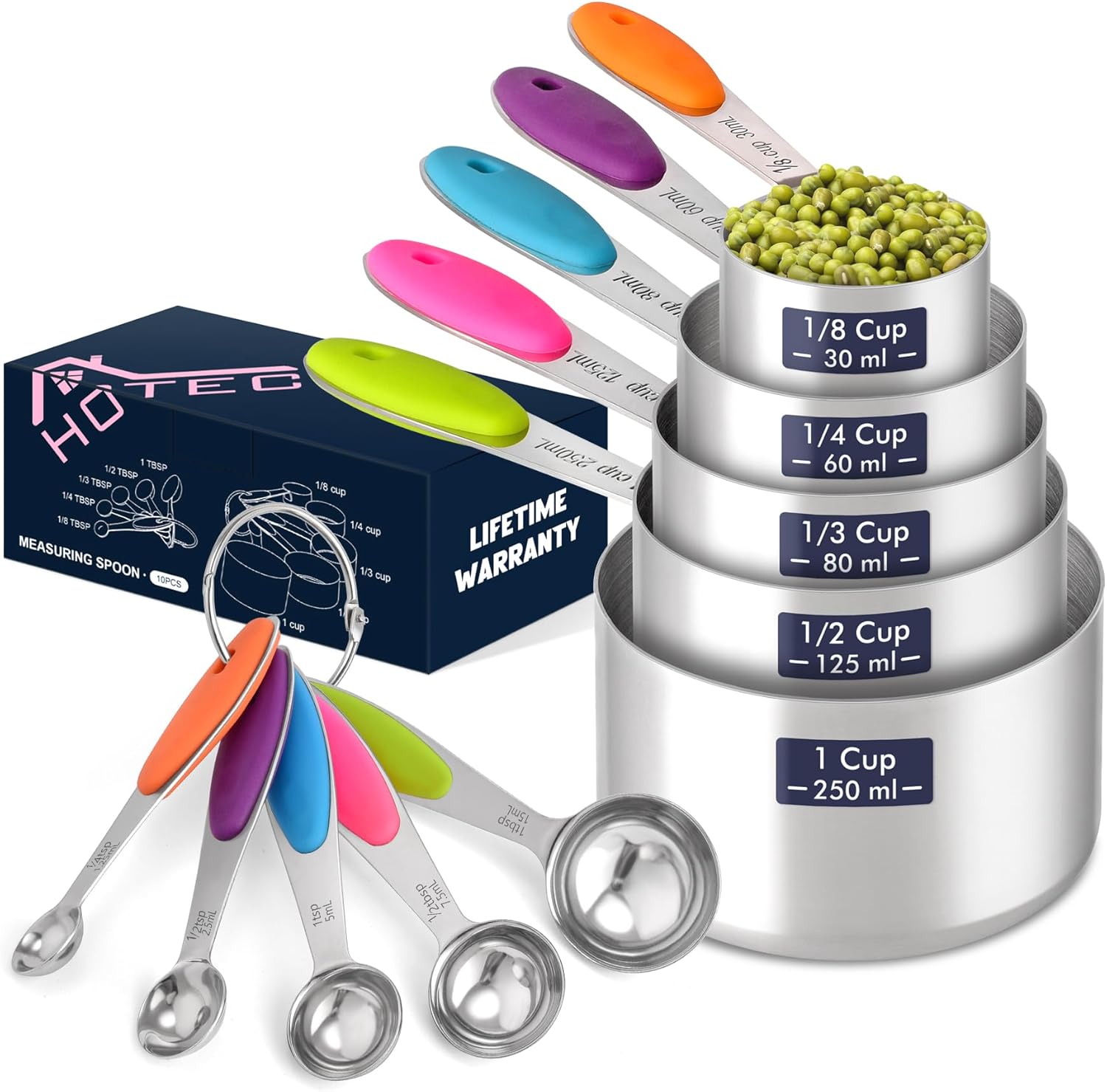 HOTEC 10-Pack Measuring Cups &Spoons Set, Kitchen Gadagets Cooking Baking, Measuring Spoons, Heavy Duty & Dishwasher Safe for Dry and Liquid Ingredients, Multicolor