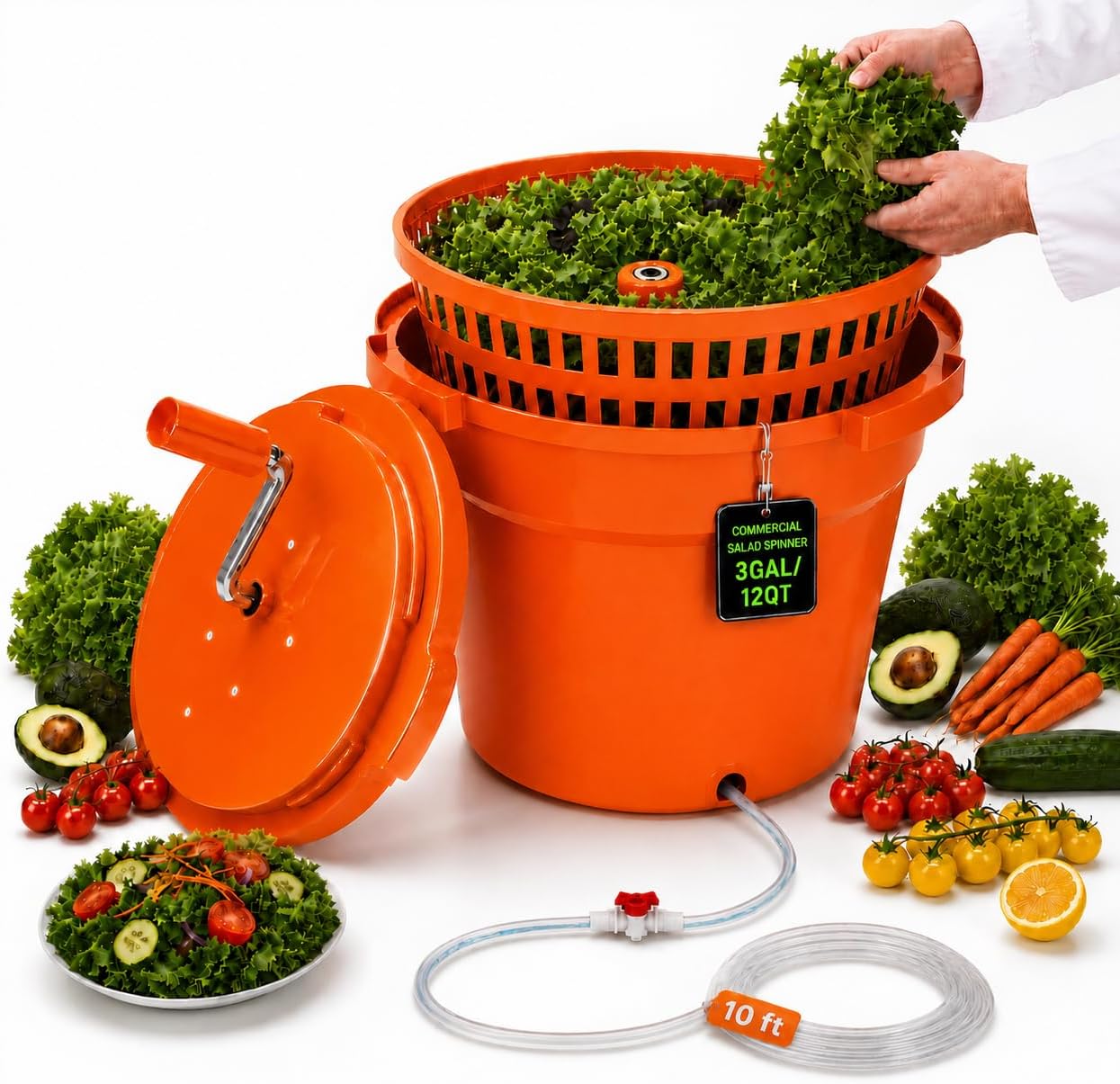 Commercial Salad Spinner – 3 Gallon Large Capacity Lettuce Dryer with 10 Ft Drain Hose & Stop Valve, 12Qt Manual Vegetable Spinner for Restaurants, Catering and Meal Prep