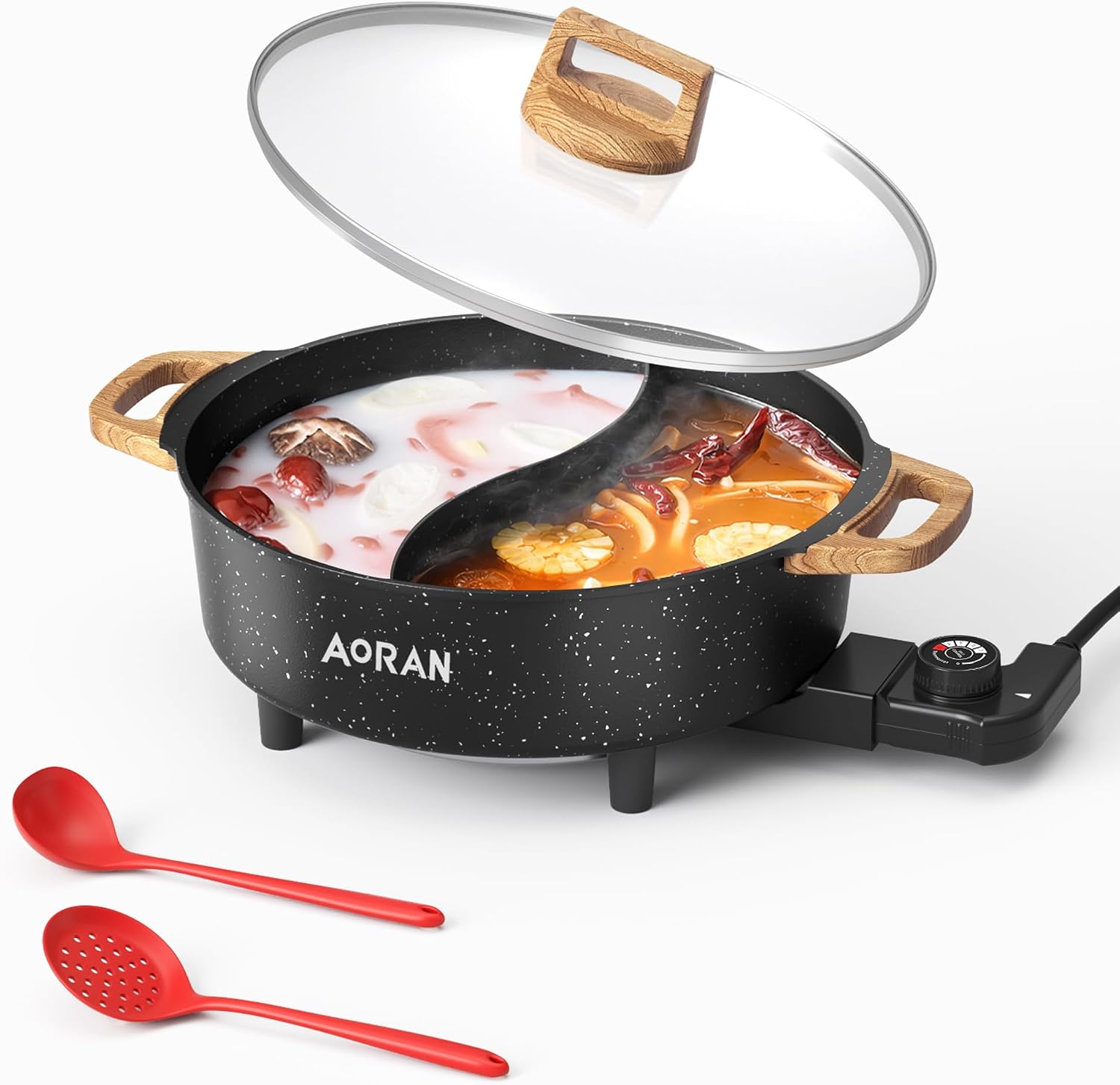 AORAN ​​Electric Hot Pot with Divider, 1350W 8L Nonstick Smokeless Cooker for Shabu Shabu & Fondue, Multi-Function Cookware with Soup Ladle, Strainer, Includes Tongs – Easy to Clean, Black