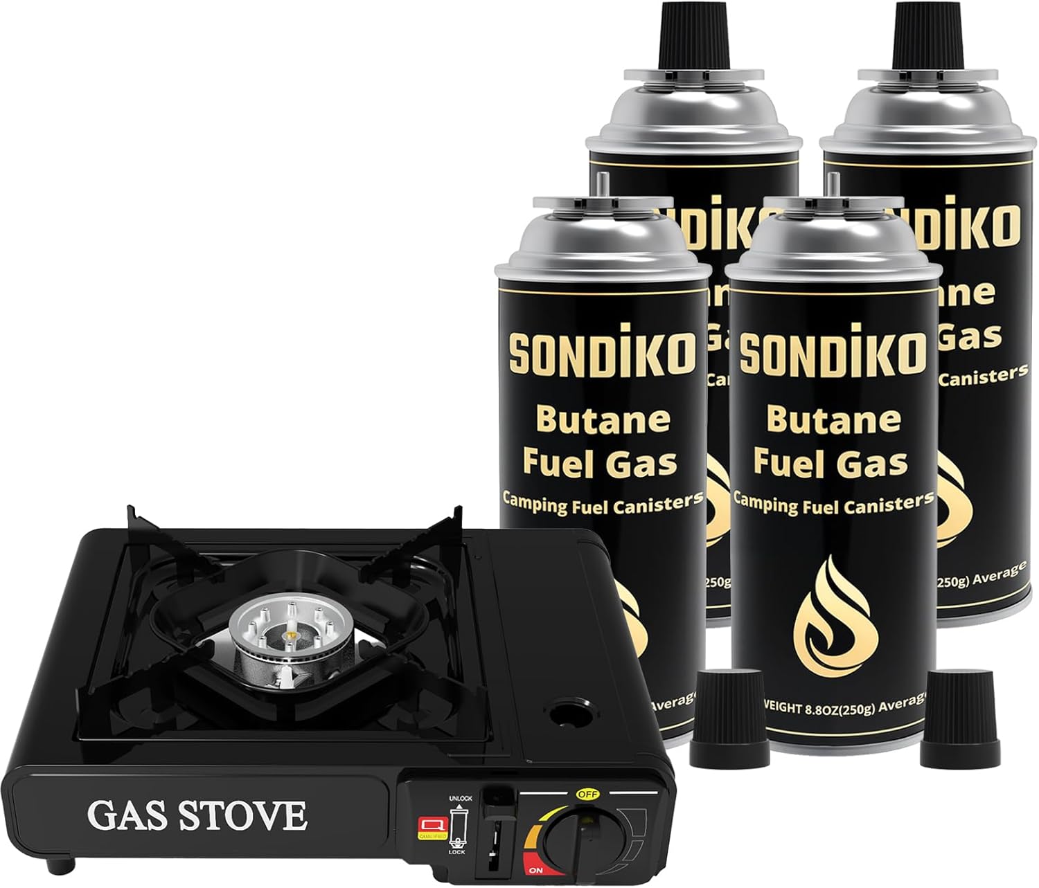 Sondiko Outdoor Camping Stove, Portable Camping Stove with Butane Gas, Butane Fuel Tanks for Stove, Butane Fuel Canister-Explosion Proof – RVR System(1 Stove with 4 Butane Can)