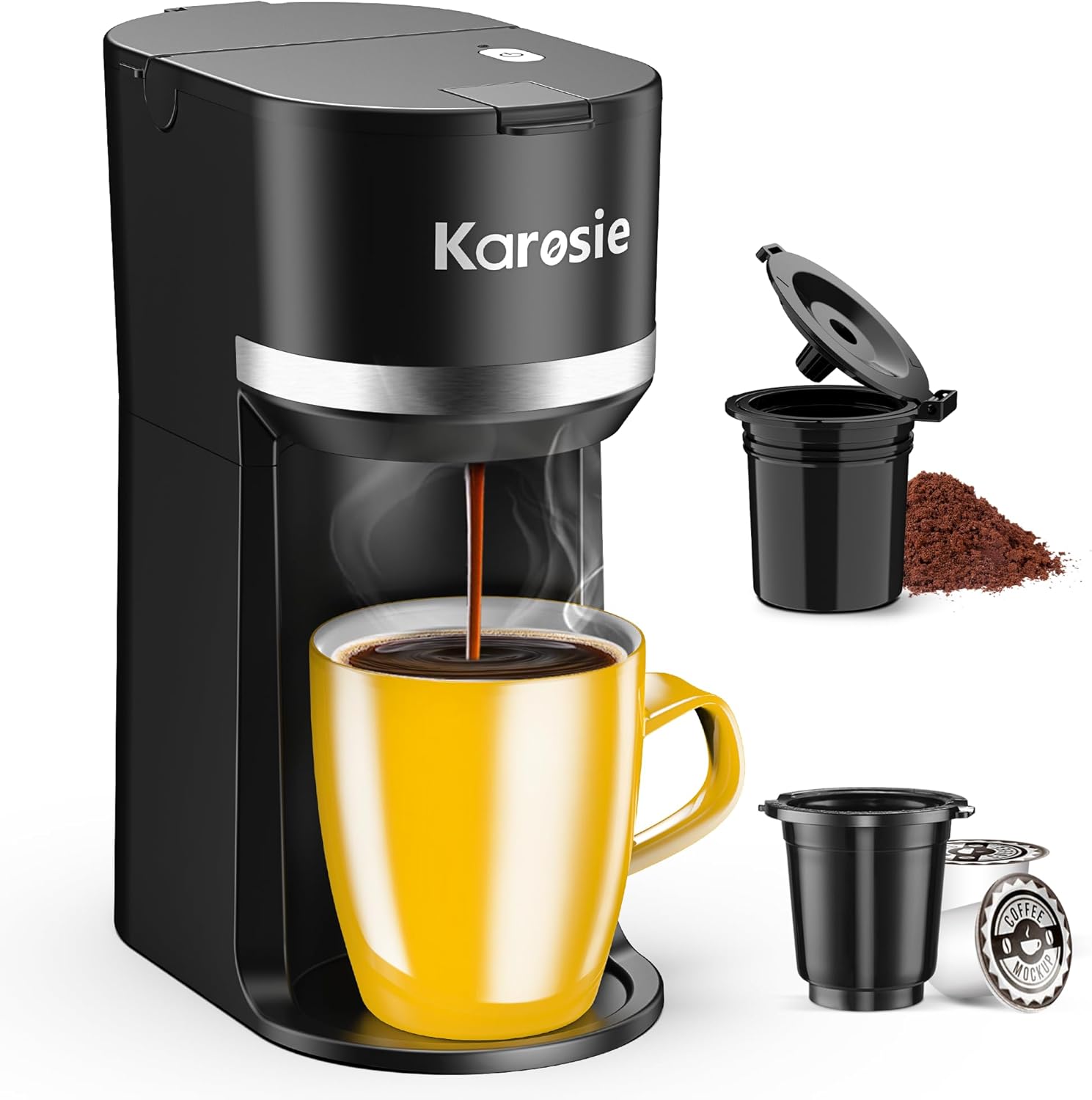 Single Serve Coffee Maker for K-Cup and Grounds, Fast Brew, 6-12 oz Brew Sizes Single Cup Coffee Maker Fits 5.5″ Mugs, One-Button Small Coffee Maker, Descaling Reminder,Black,9.45 Inches
