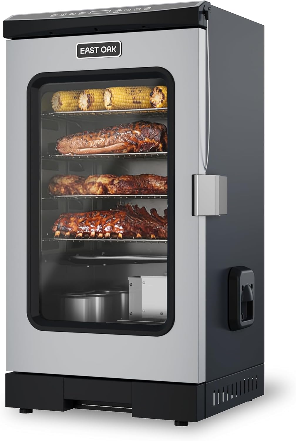 EAST OAK 30″ Electric Smoker for Outdoors | Built-in Meat Probe Up to 6× Longer Smokes on a Single Load | Side Chip Loader for Smoking | Bigger Batches with 725 sq in Cooking Area, Mist Silver