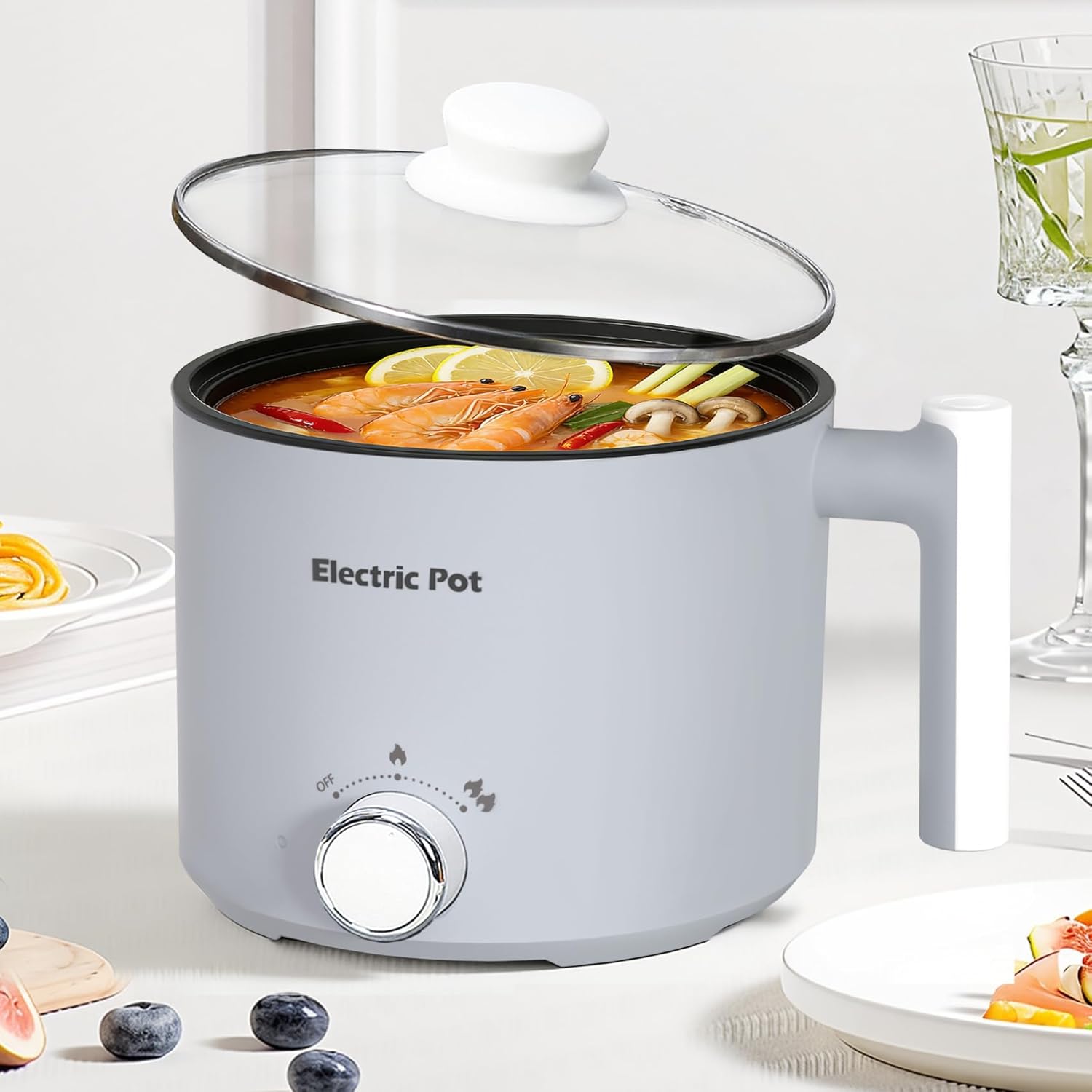 Electric Hot Pot :1.5L Mini Ramen Cooker with Overheat & Boil-Dry Protection, Suitable for Noodles, Soup, Oatmeal, College Dorm Office Travel Essentials (Grey, 1.5L)