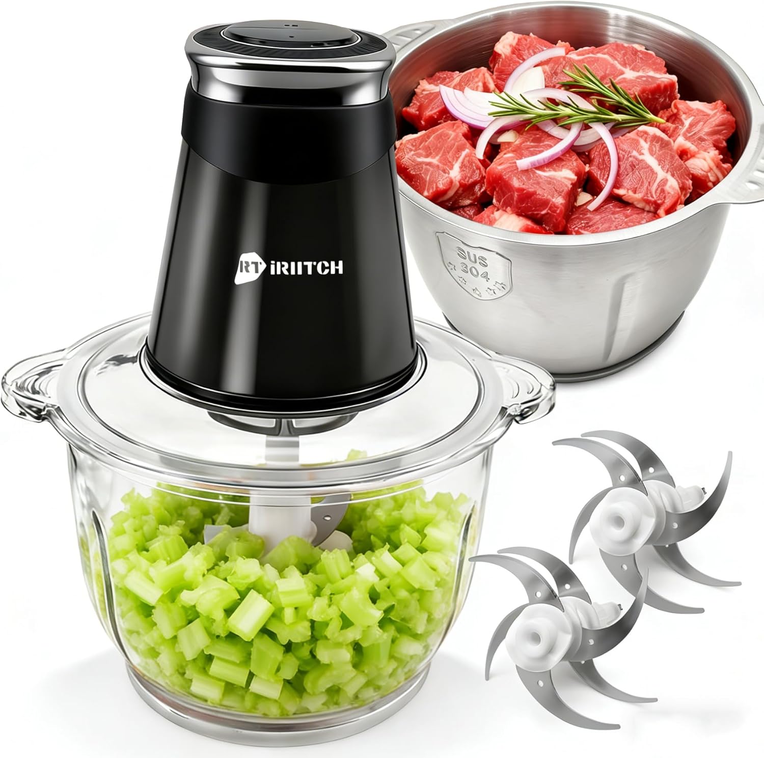 Food Processor, 500W Electric Food Chopper with 2 Bowls (10 Cup+5 Cup) & 2 Bi-Level Blades&, Small Meat Electric Grinder Processor for Meat, Vegetable, Onion, Garlic, Nuts, and Baby Food