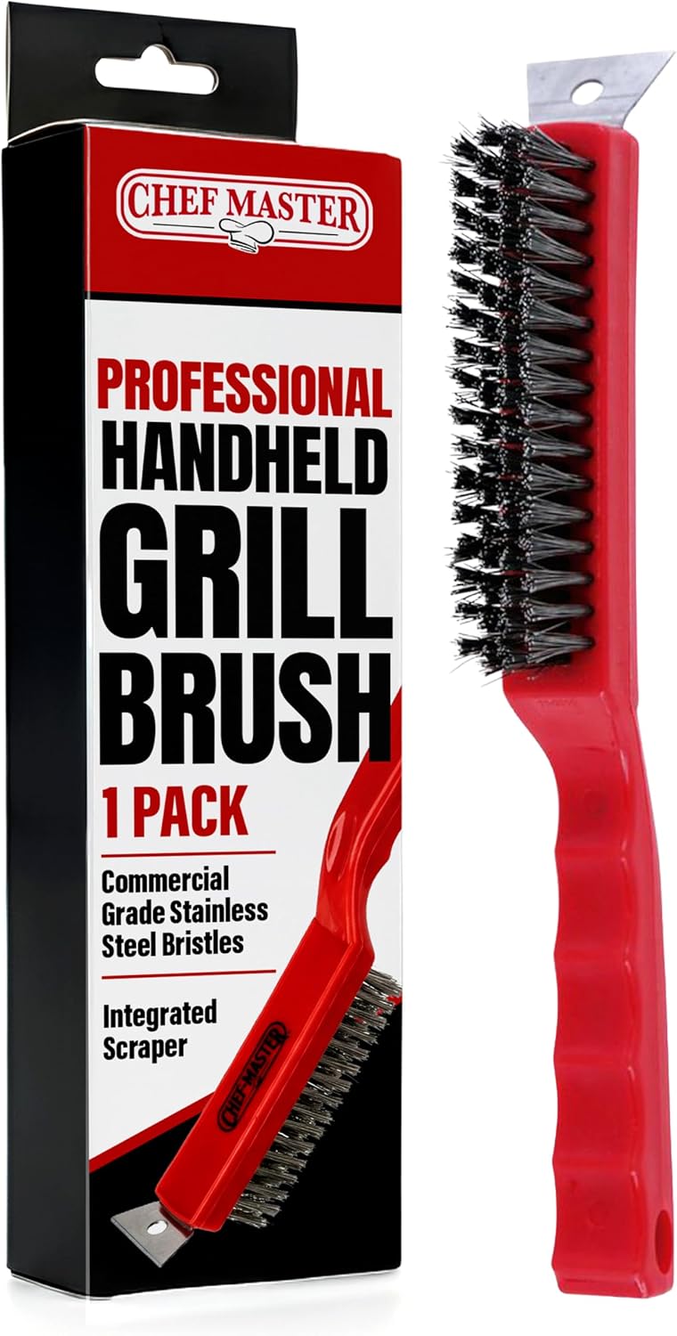 Chef Master Grill Brush with Scraper Head – Heavy-Duty Wire Bristle Cleaner – Grill Barbecue Cleaner for Outdoor – Ergonomic Handle, Outdoor BBQ Tool & Accessories – 90044
