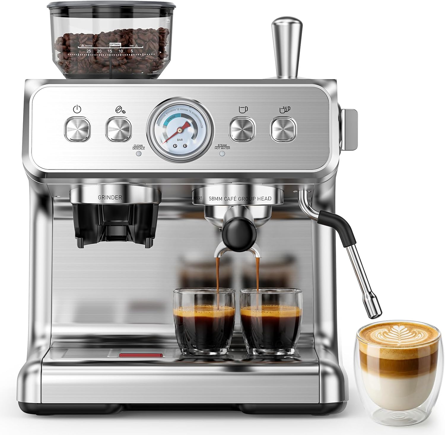 COWSAR 20 Bar Espresso Machine with Grinder & Milk Frother Steam Wand, 58mm Expresso Coffee machines, Commercial Stainless Steel Coffee Maker for Cappuccino and Latte, Perfect for Home Café