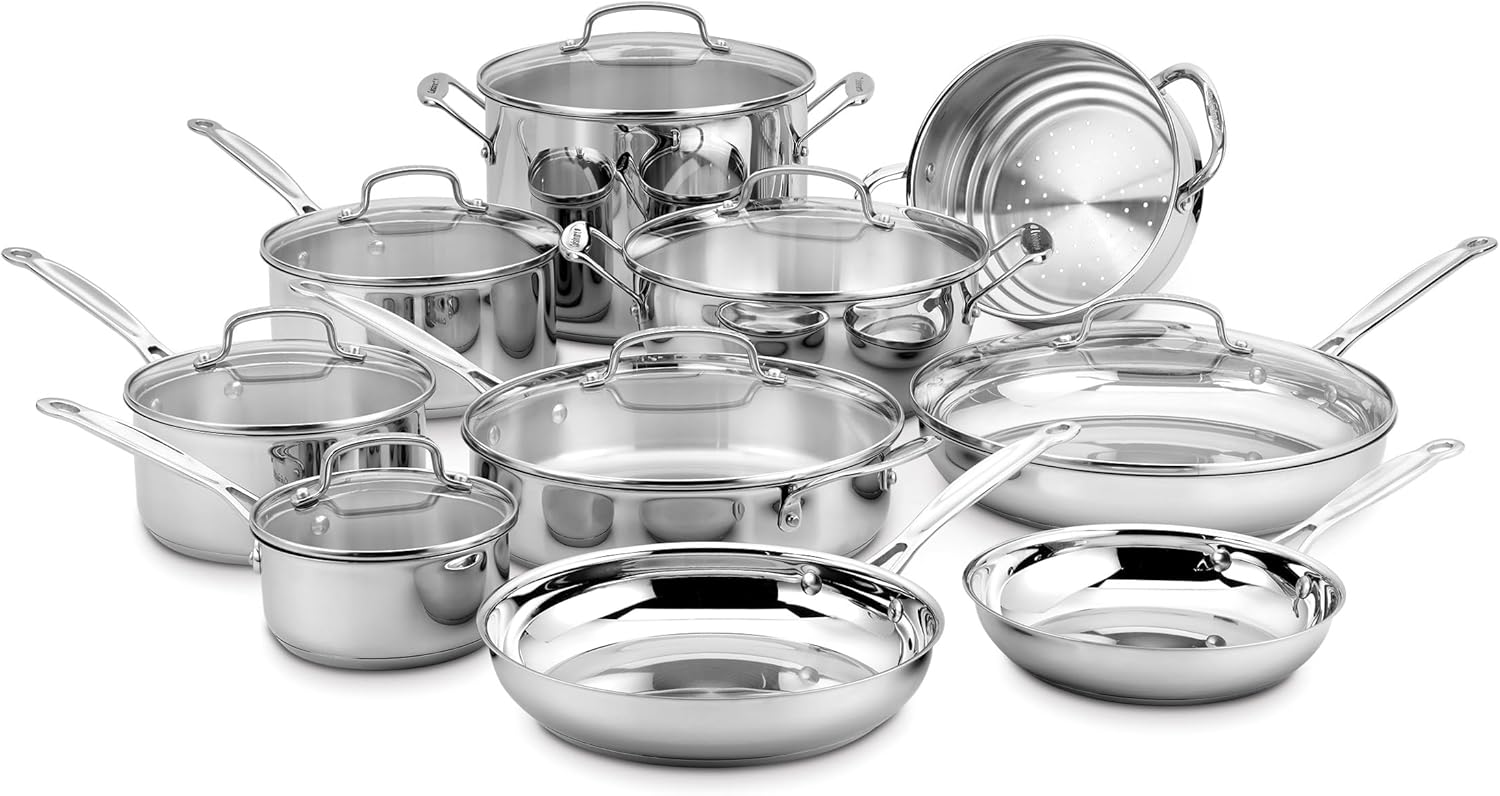 Cuisinart 17-Piece Stainless Steel Cookware Set, Chef’s Classic Steel Collection with Pure Aluminum Core for Quick and Even Heat, Cool Grip Handles, Dishwasher Safe, 77-17N