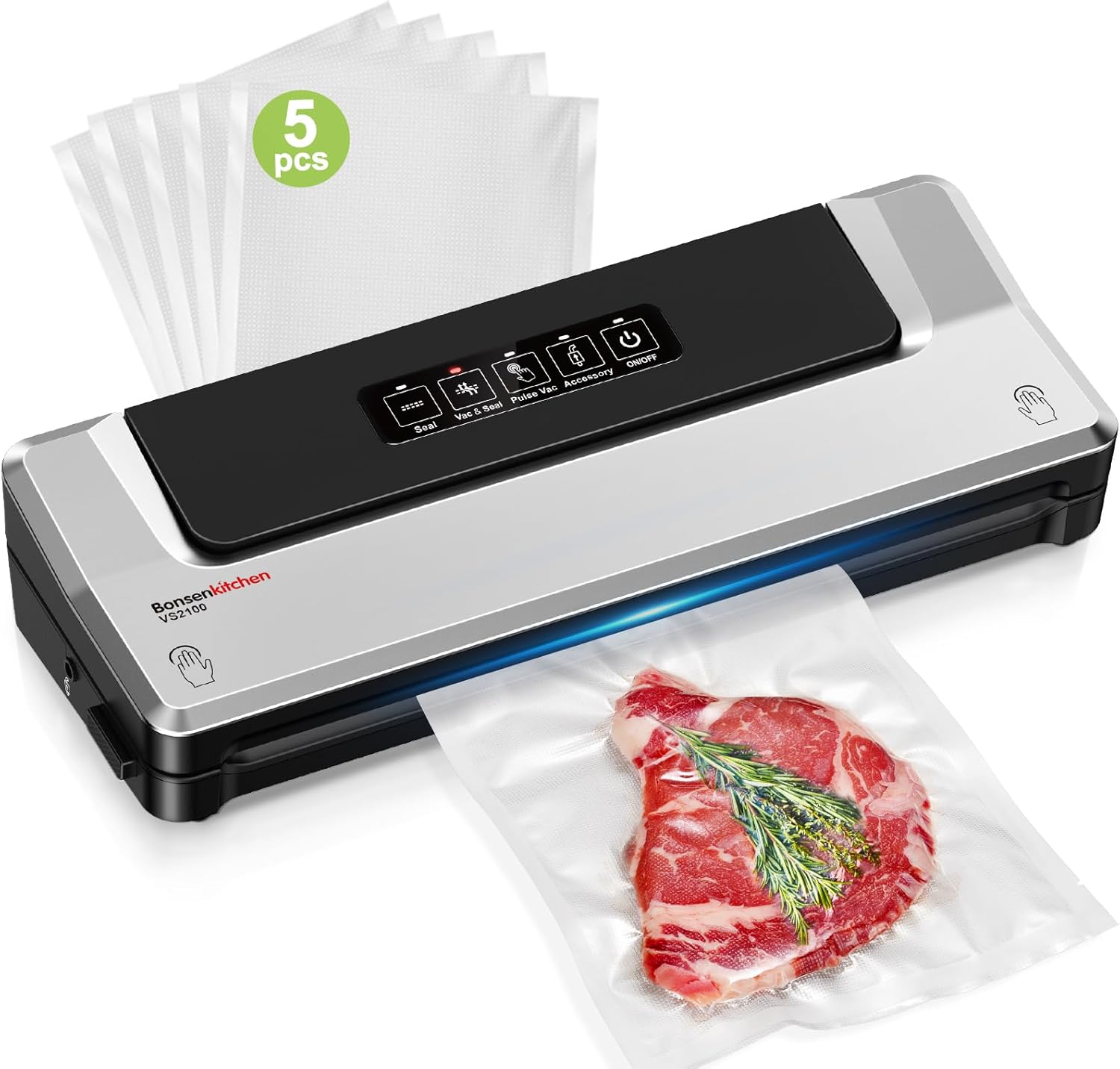 Bonsenkitchen Vacuum Sealer Machine | Compact Food Sealer for Kitchen Storage & Meal Prep | Multiple Modes​​ | External Vacuum System | 5 Bags, Silver​​