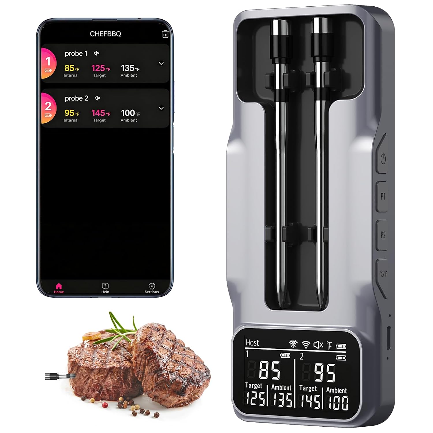 Wireless Meat Thermometer Digital – 800FT Bluetooth Food Thermometer for Cooking, NIST Certified Accuracy, Standalone Base Dual Probes for Grill BBQ Oven Smoker