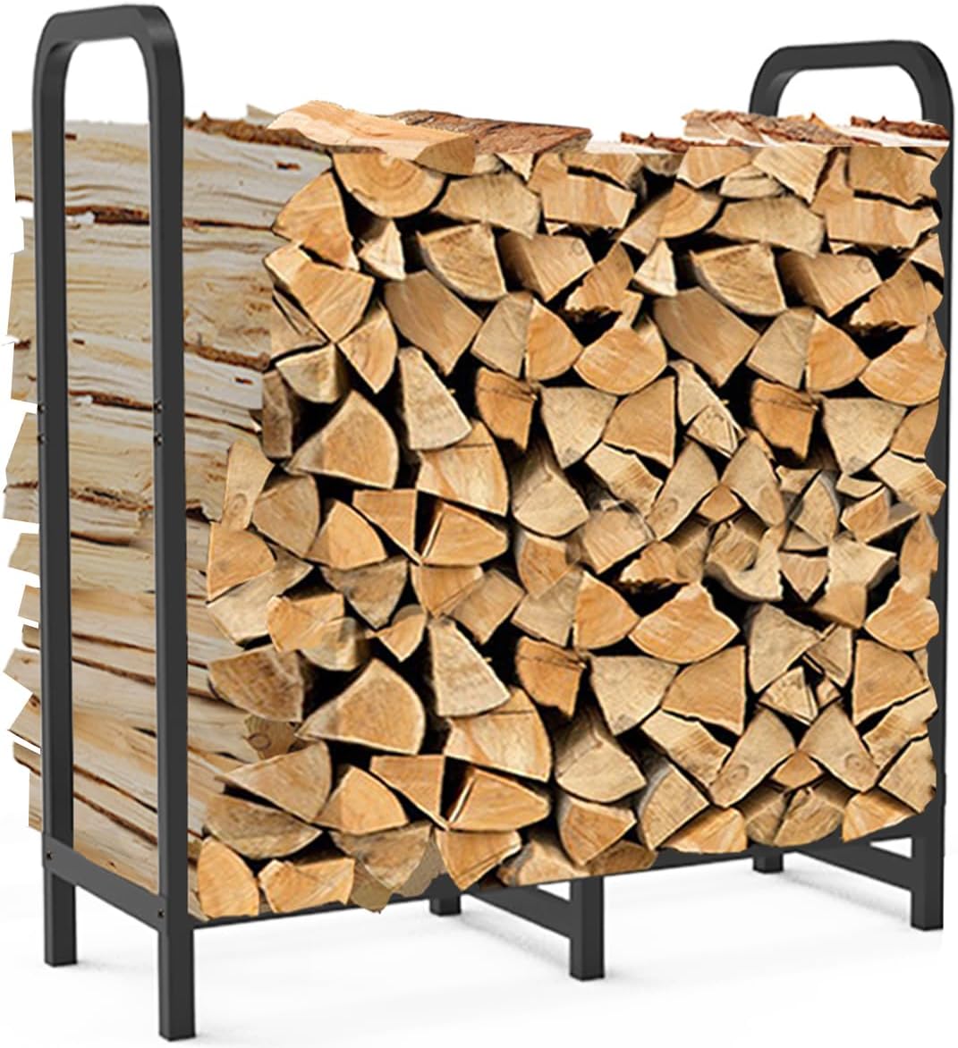 2.8ft Firewood Rack Holder, Adjustable Heavy Duty Fire Log Stacker Stand for Fireplace, Outdoor Indoor Metal Wood Pile Storage Organizer, Patio Logs Stand tool, Black