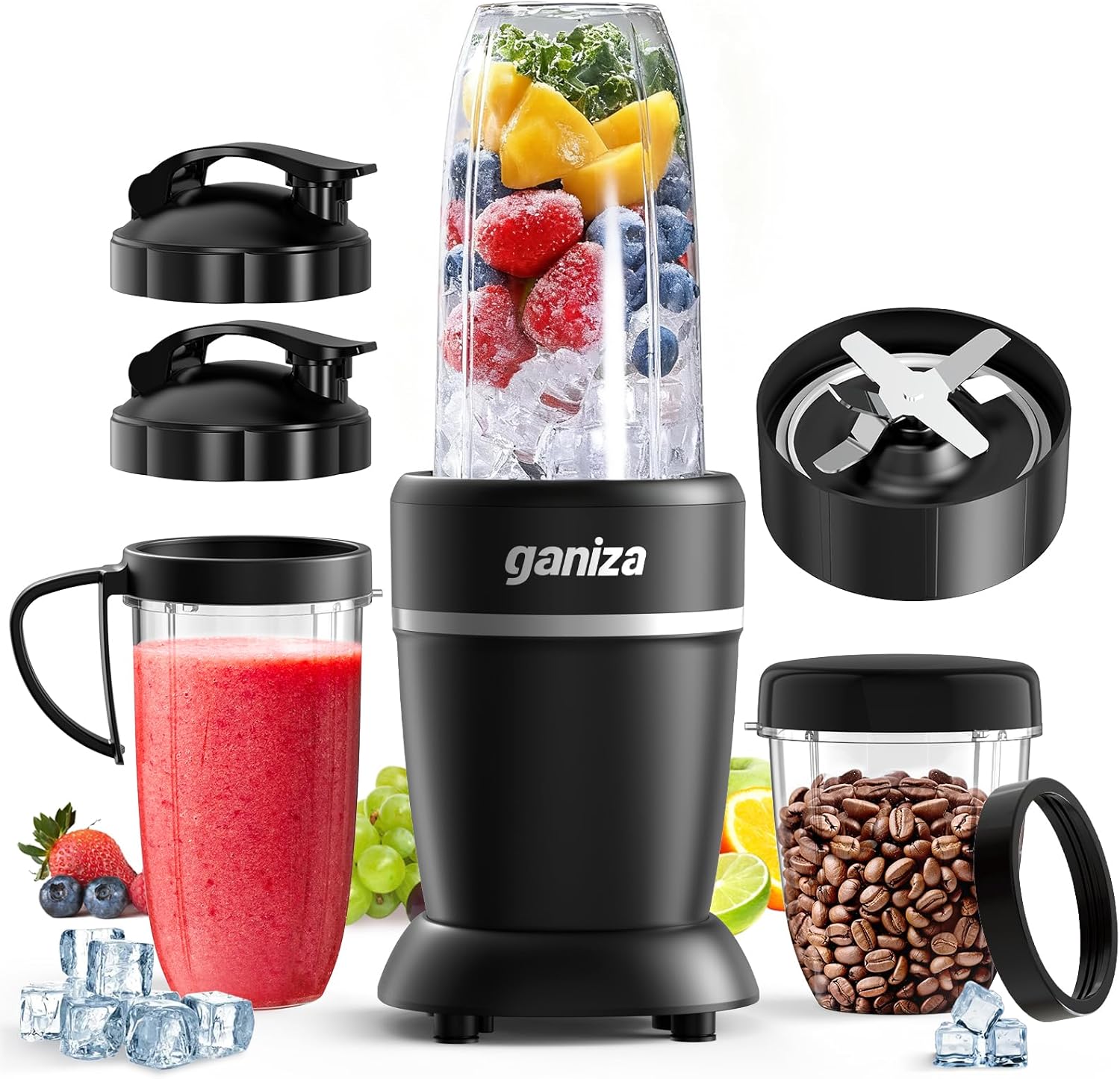 Ganiza Smoothie Blender, Max 1300 Watt Personal Blender and Grinder Combo for Kitchen, Portable Maker for Smoothies, Shakes, Frozen Drinks, Sauces with 6-Leaf Blade, 23 oz, (2) 37 oz To-Go Cups