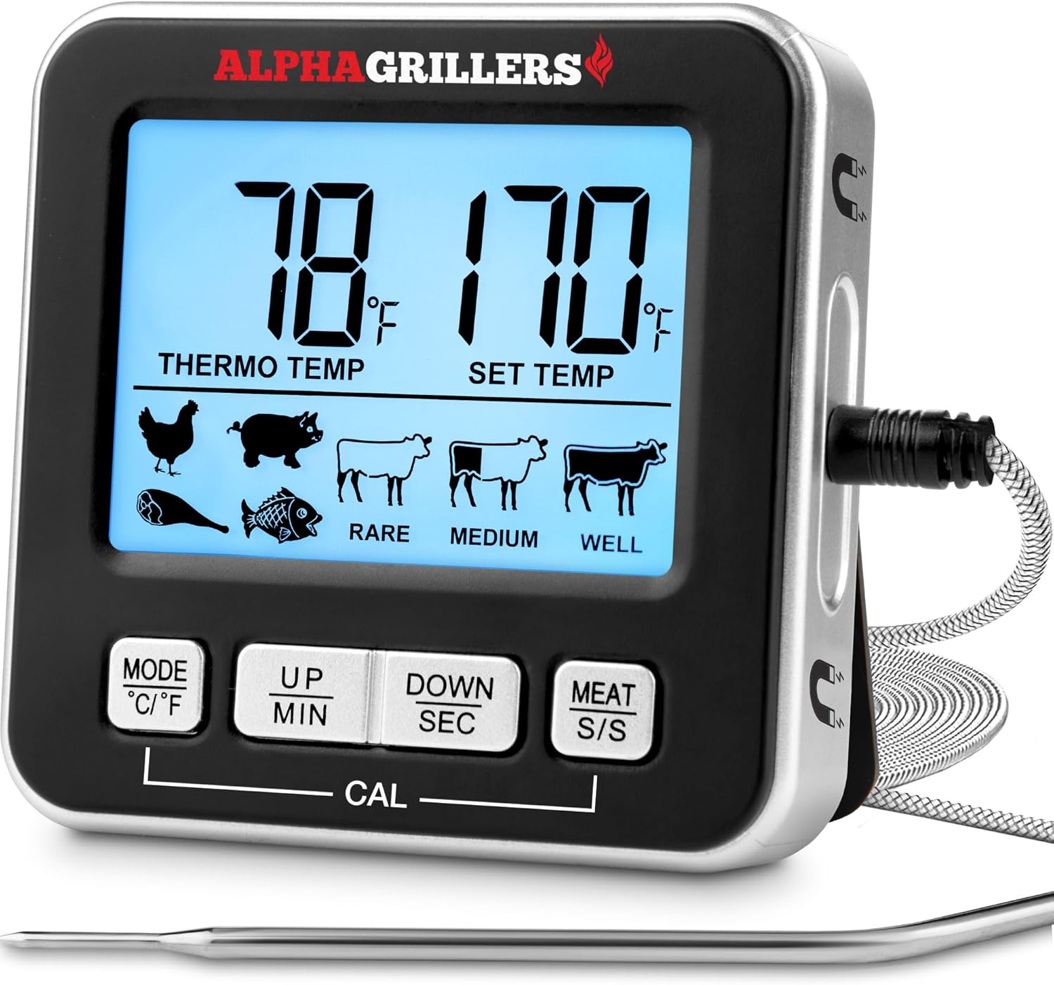 Alpha Grillers Meat Thermometer Digital – Kitchen Oven Thermometer for Cooking Food, Grilling, BBQ Smoker – 7 Preset Temperature Alerts, Timer, Alarm, & Stainless Steel Temperature Probe