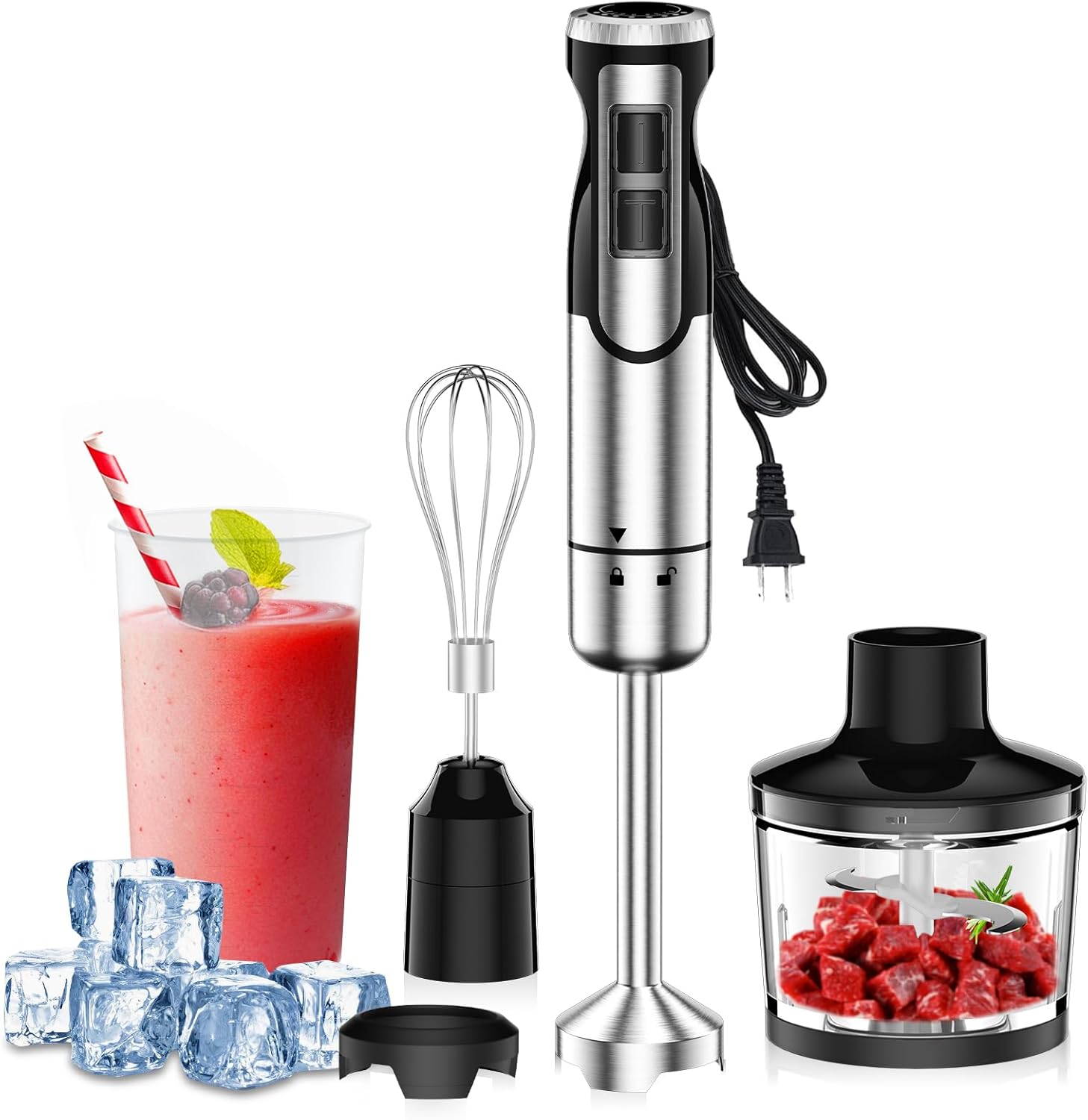 Colarlemo 1800W Immersion Blender Handheld 4-in-1 Hand Blender Stick for Ice Crushing Smoothie, Baby Food, Soup, 8 Speed Hand Mixer Turbo Boost Stainless Steel Blade with Whisk, Chopper, Beaker