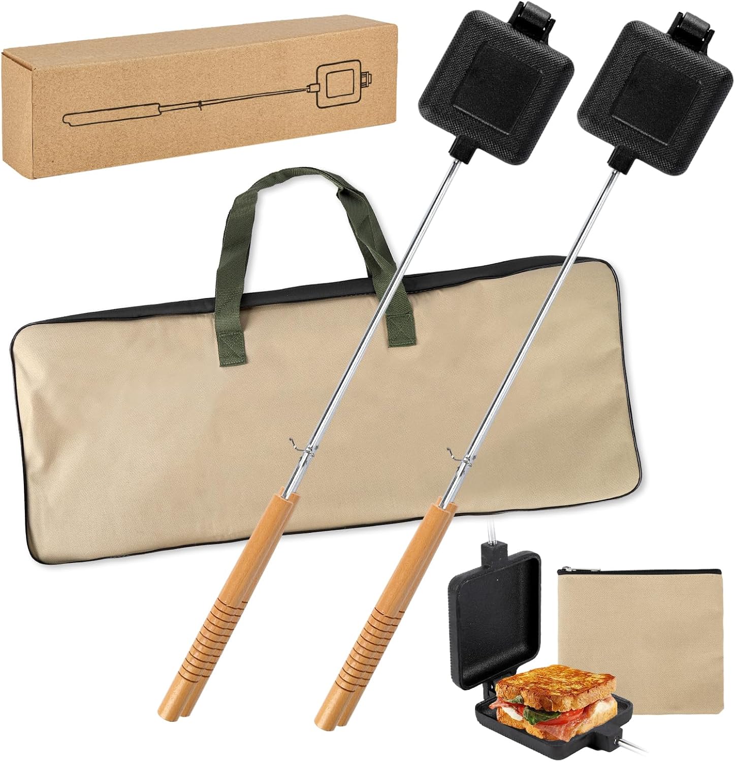 Outdoor pie irons for camping – with heat-resistant, detachable handles, includes a storage bag, easy to clean, perfect for grilling sandwiches and pies over a campfire (2-pack)