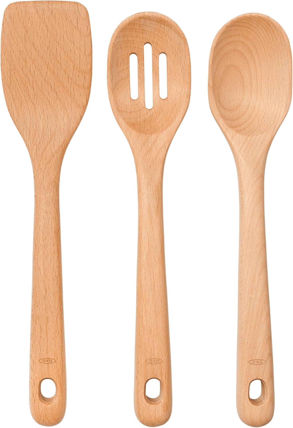 OXO Good Grips 3‑Piece Wooden Utensil Set, Solid Beachwood Spoon, Slotted Spoon and Turner