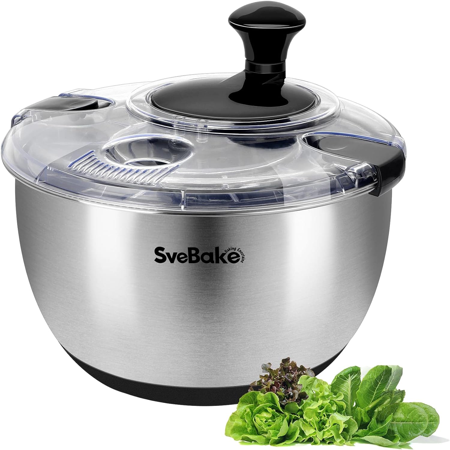 Stainless Steel Salad Spinner, 4.8 Qt Vegetable Washer, BPA-Free Lettuce Dryer with Crank Design, Dishwasher Safe, Non-Slip Base – Transparent Lid