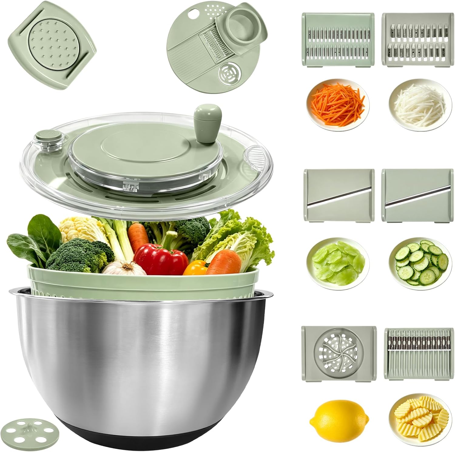 Stainless Steel Salad Spinner Large with 5 Blades Slicer, Vegetable Dryer, Non-Slip Base, Stop Button, Vegetable Fruits Chopper Bowl 5L Capacity with Egg Yolk Strainer
