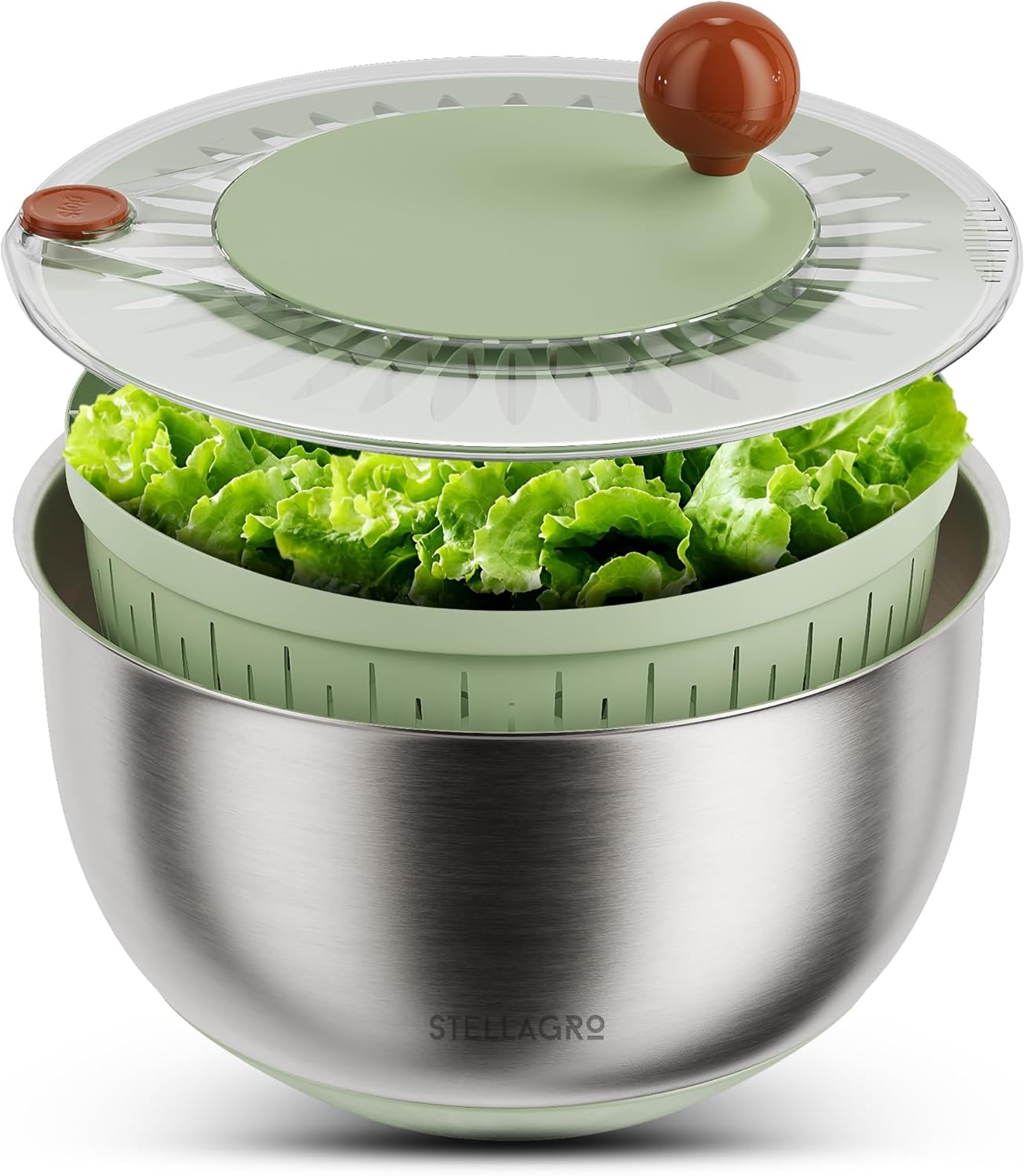 Large Stainless Steel Salad Spinner 5.3QT, Lettuce Dryer, Vegetable Washer with Brake Button, Non-Slip Base, Salad Dryer for Greens, Fruits & Vegetables