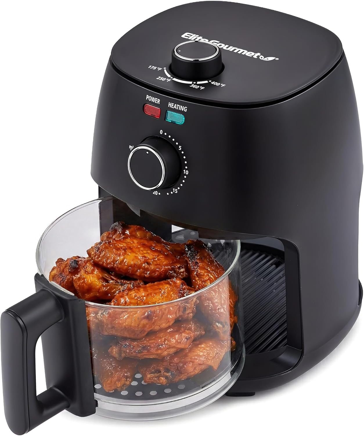 Elite Gourmet Glass Air Fryer, 2.4 Qt Compact Size for 1–2 People, PFAS-Free Ceramic & Glass Basket, Visible Cooking, Adjustable Temp 175–400°F, 1150W, Black