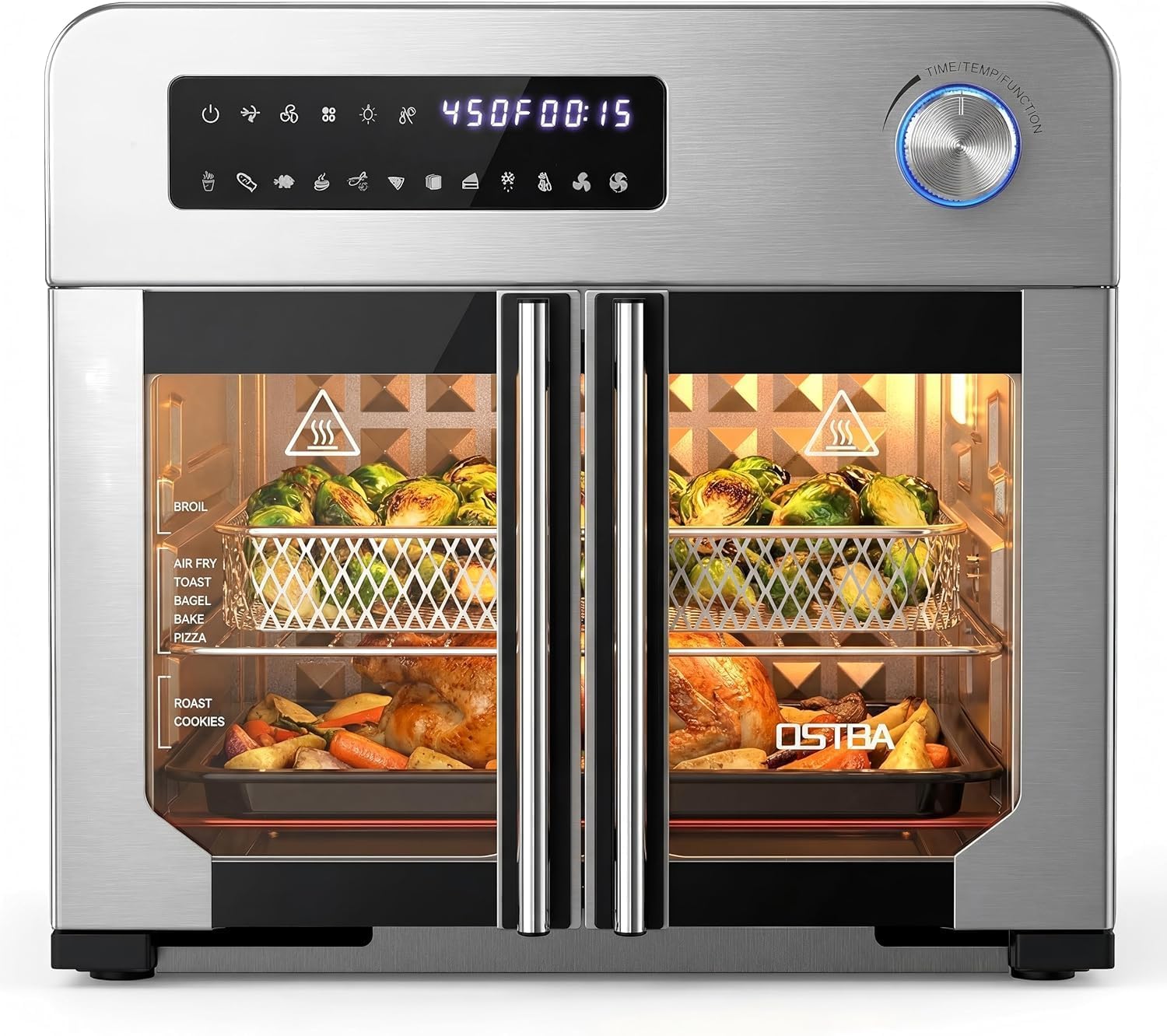 OSTBA French Door Air Fryer Toaster Oven Combo, 10-in-1 Air Fryer Toaster Oven with Rotisserie, 24QT Large Countertop Convection Oven, 102 Recipes & 7 Accessories, Stainless Steel