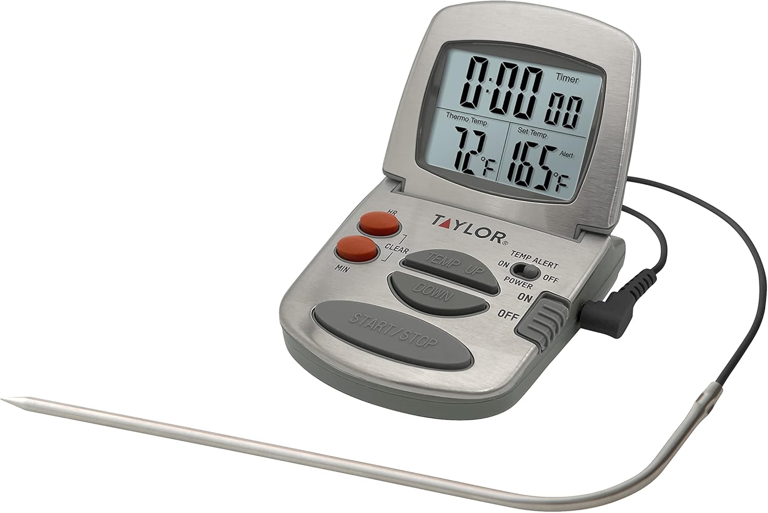 Taylor Programmable Instant-Read Wired Probe Digital Meat Thermometer, Stainless Steel for BBQ, Grill, Kitchen Cooking, Accurate Temperature Readings