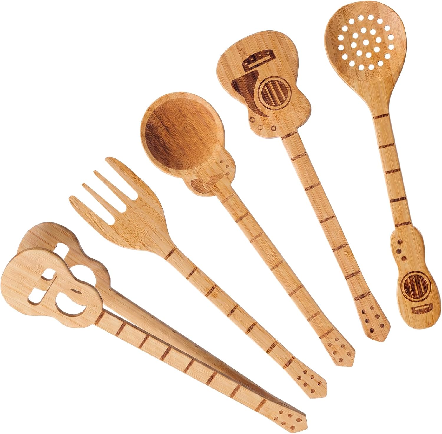 Newtay 5 Pcs Guitar Style Kitchen Utensil Set Bamboo Spatula Soup Spoon Fun Music Themed Kitchen Utensil Set for Gift Funny Birthday Gifts for Musicians Guitar Players